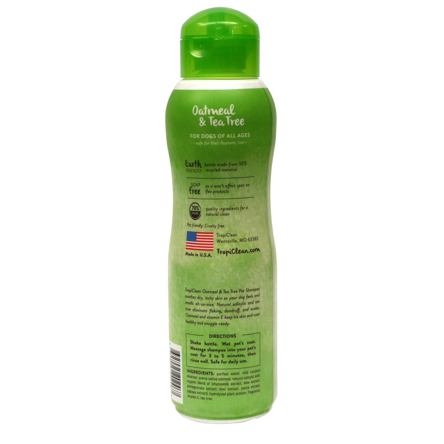 Back of a bottle of Tropiclean Medicated Oatmeal and Tea Tree Pet Shampoo