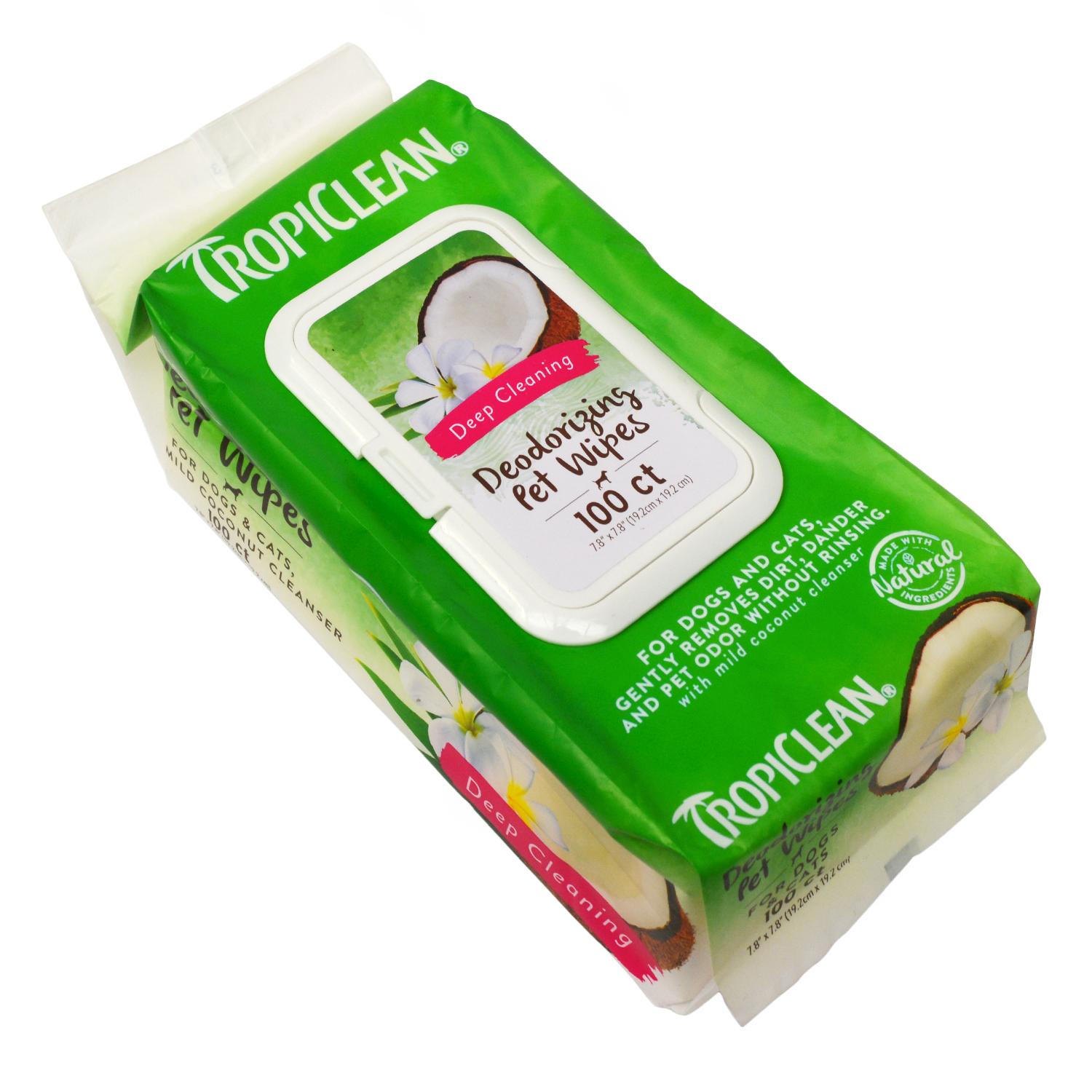 Front of a pack of Tropiclean deodorising pet wipes