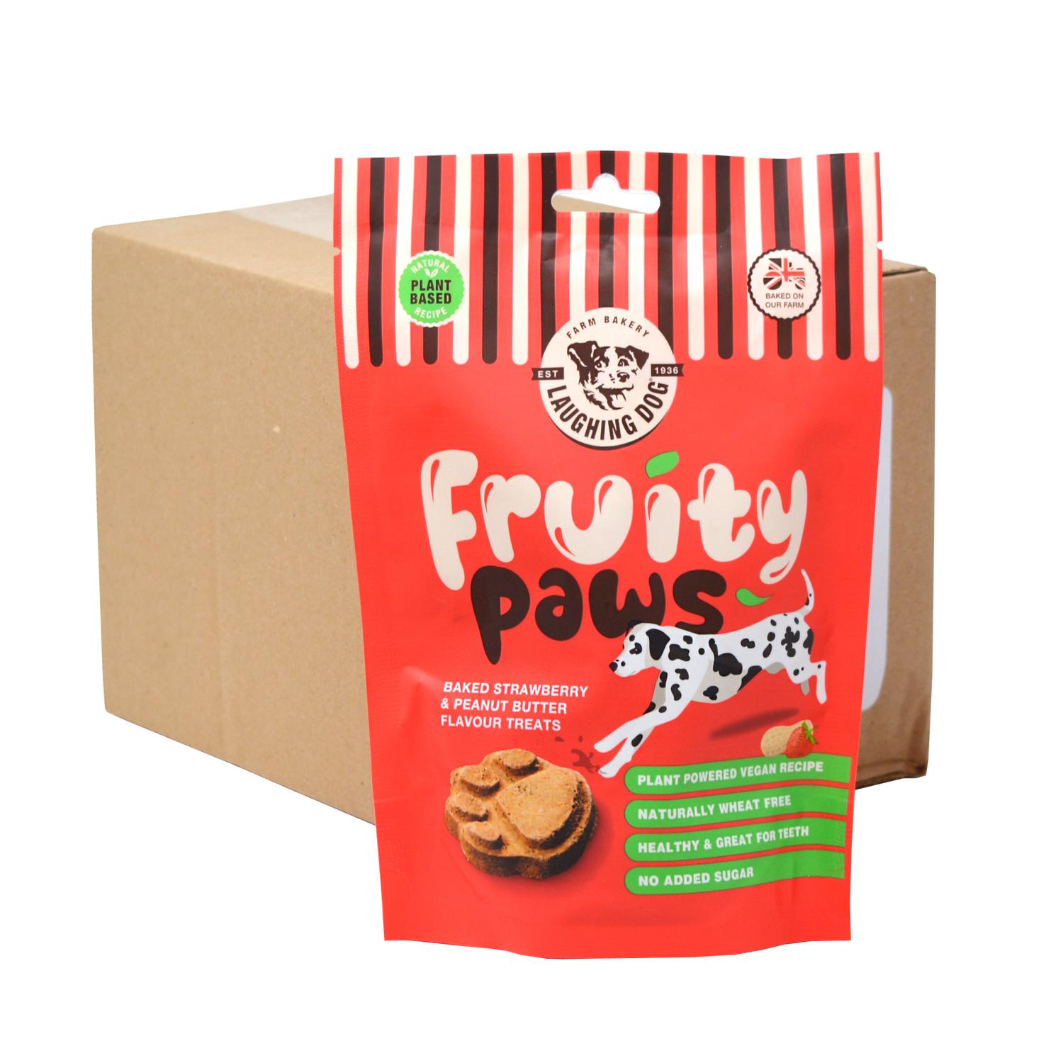 A bulk case of Laughing Dog Fruity Paws Wheat Free Vegan Dog Biscuits