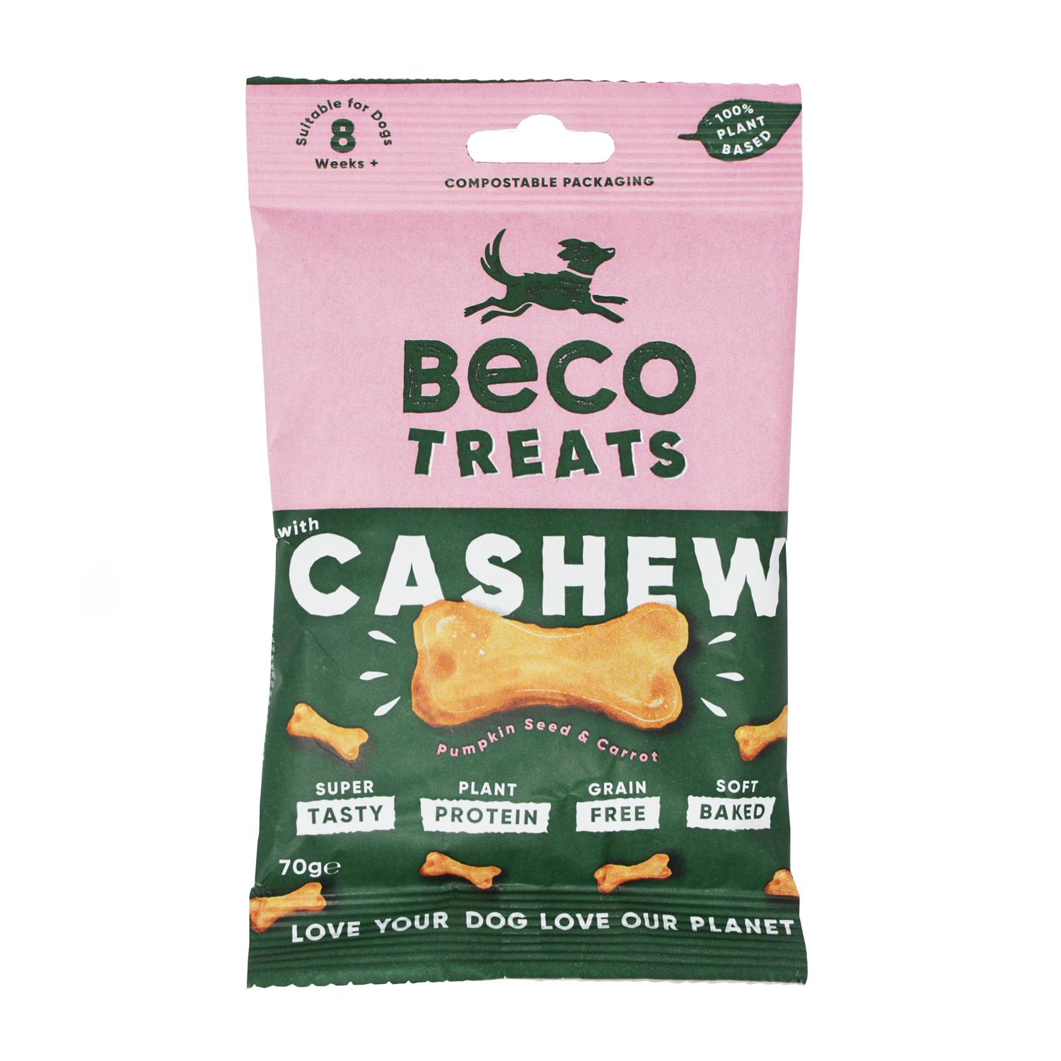 Front of a pack of Beco Cashew Flavoured Vegan Dog Biscuits
