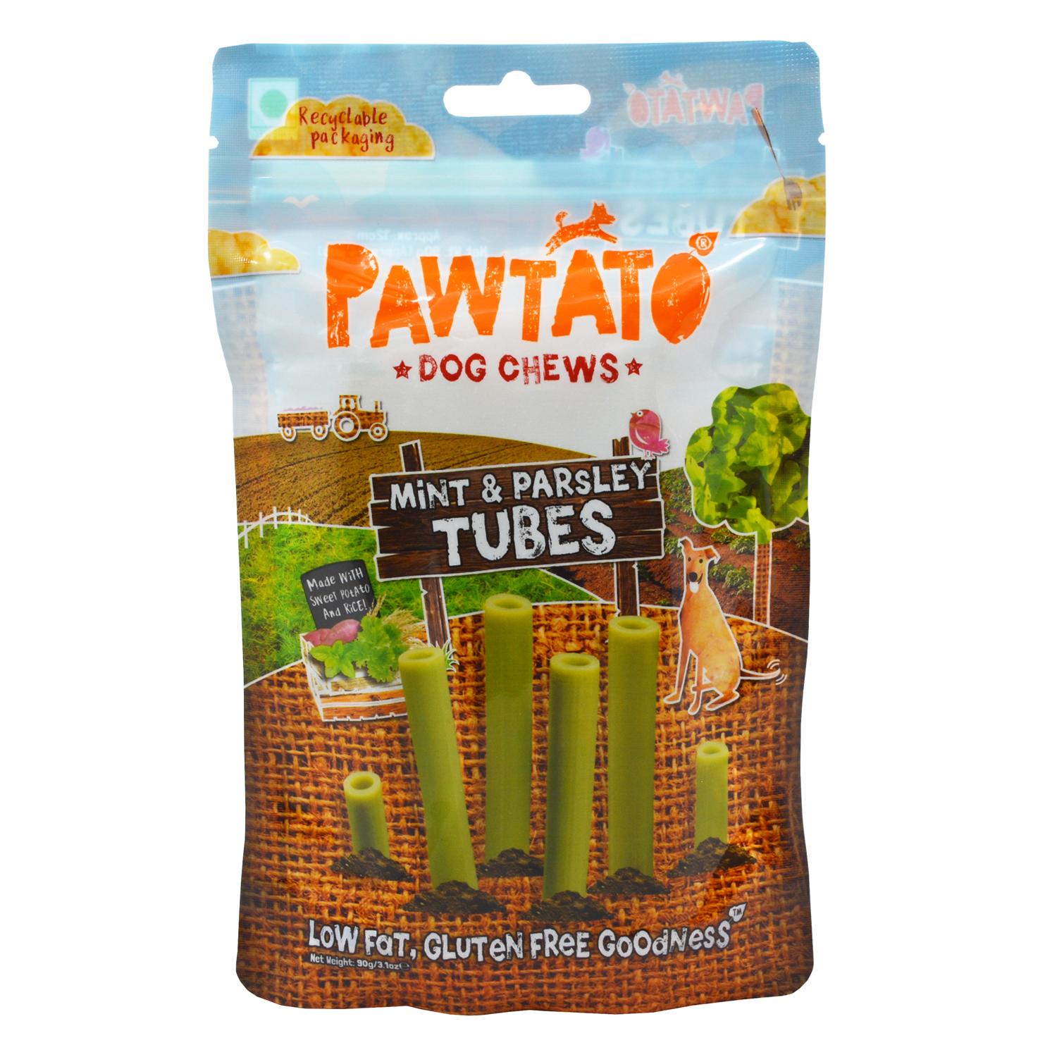 Front of a pack of Pawtato mint and parsley tube vegan dog chews