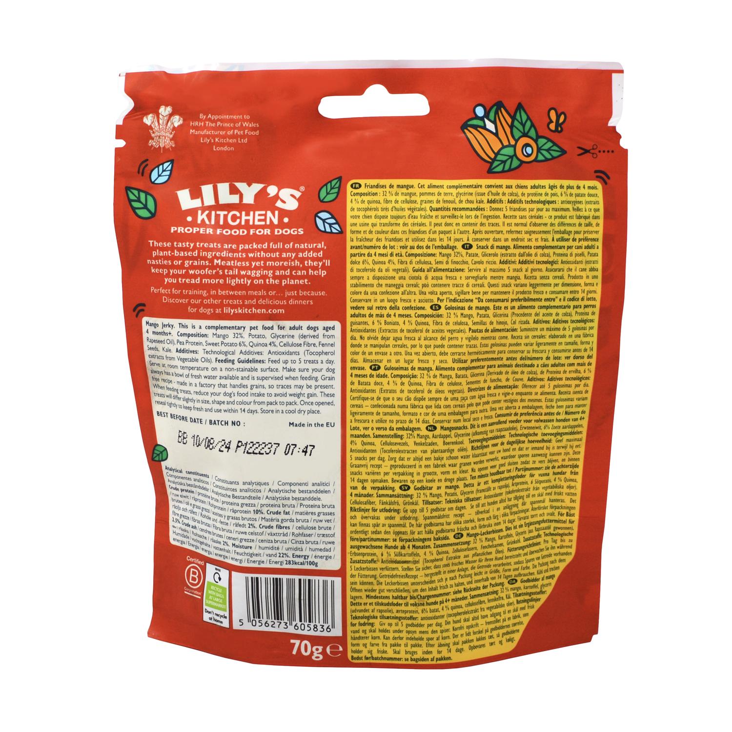 Back of a pack of Lily's Kitchen Mango Jerky Vegan Dog Treats