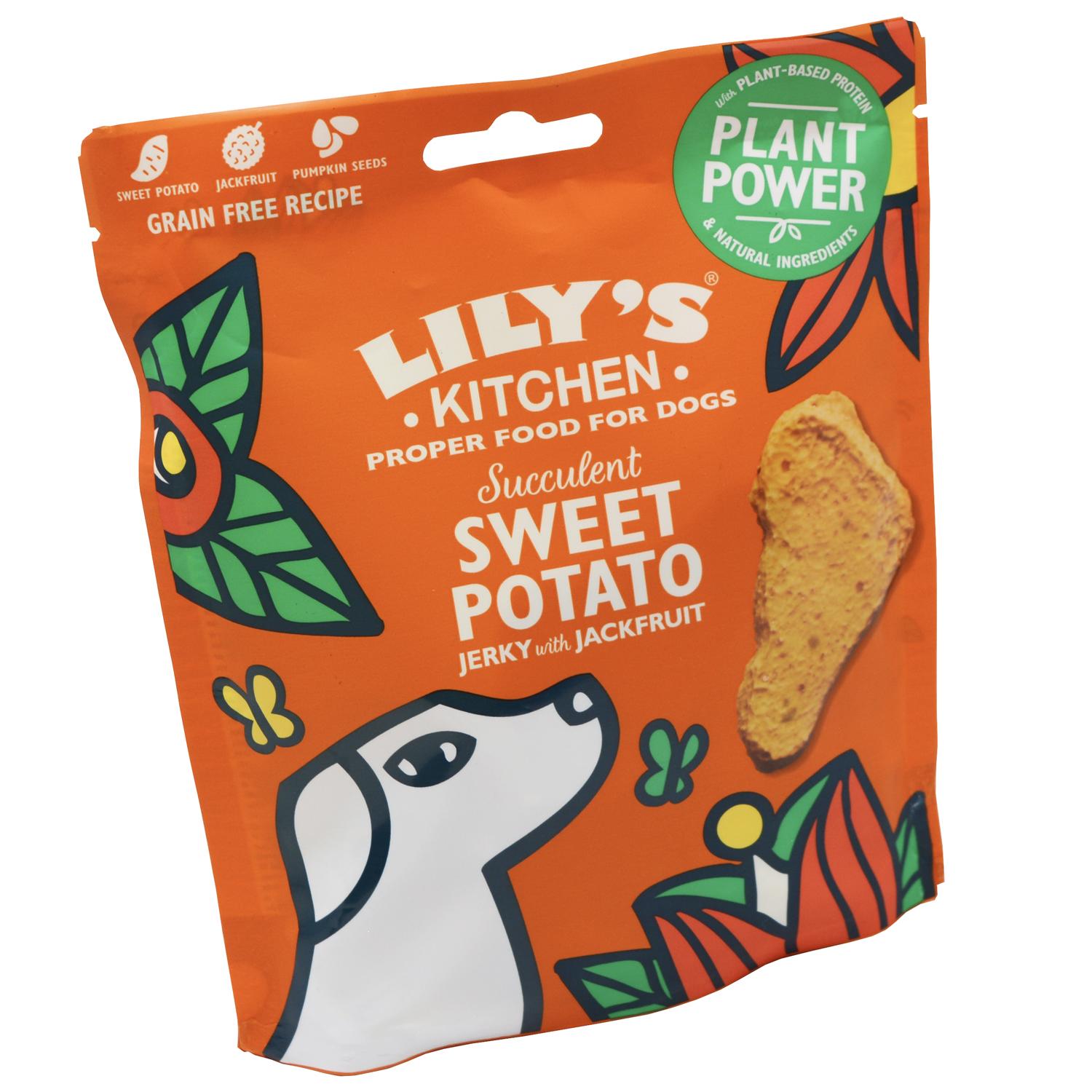 Close up of a pack of Lily's Kitchen Vegan Sweet Potato Jerky for dogs