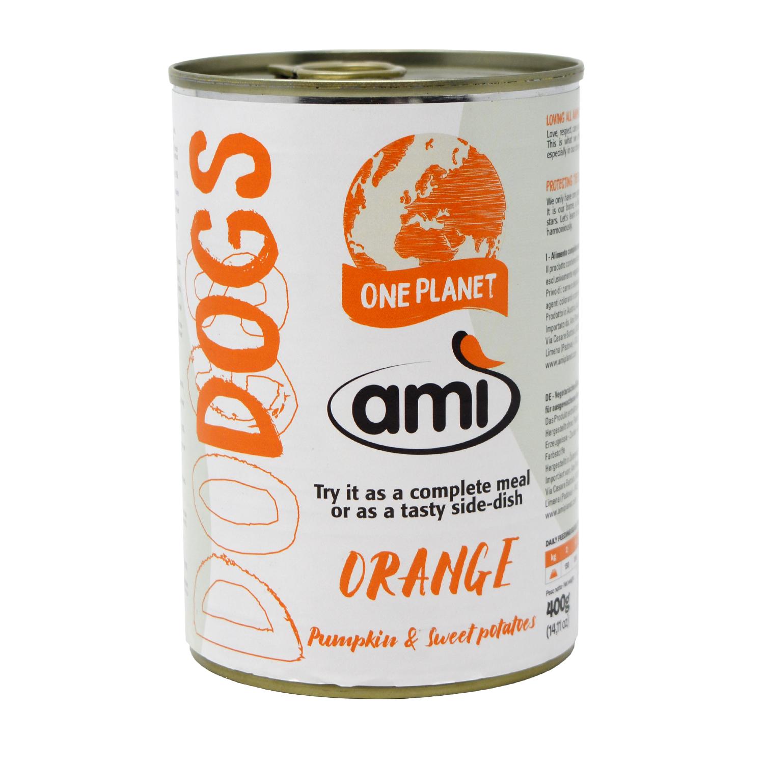 Front of a can of Ami V-Love every day wet dog food 'Orange'