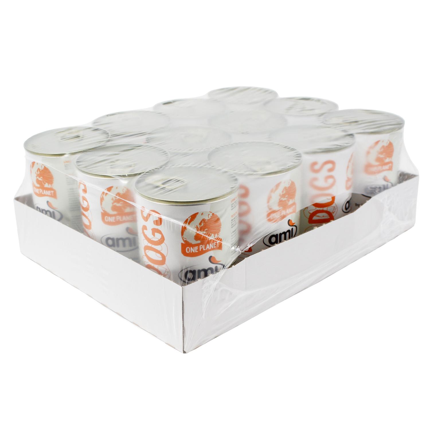 A bulk case of Ami Orange Wet Vegan Canned Dog Food