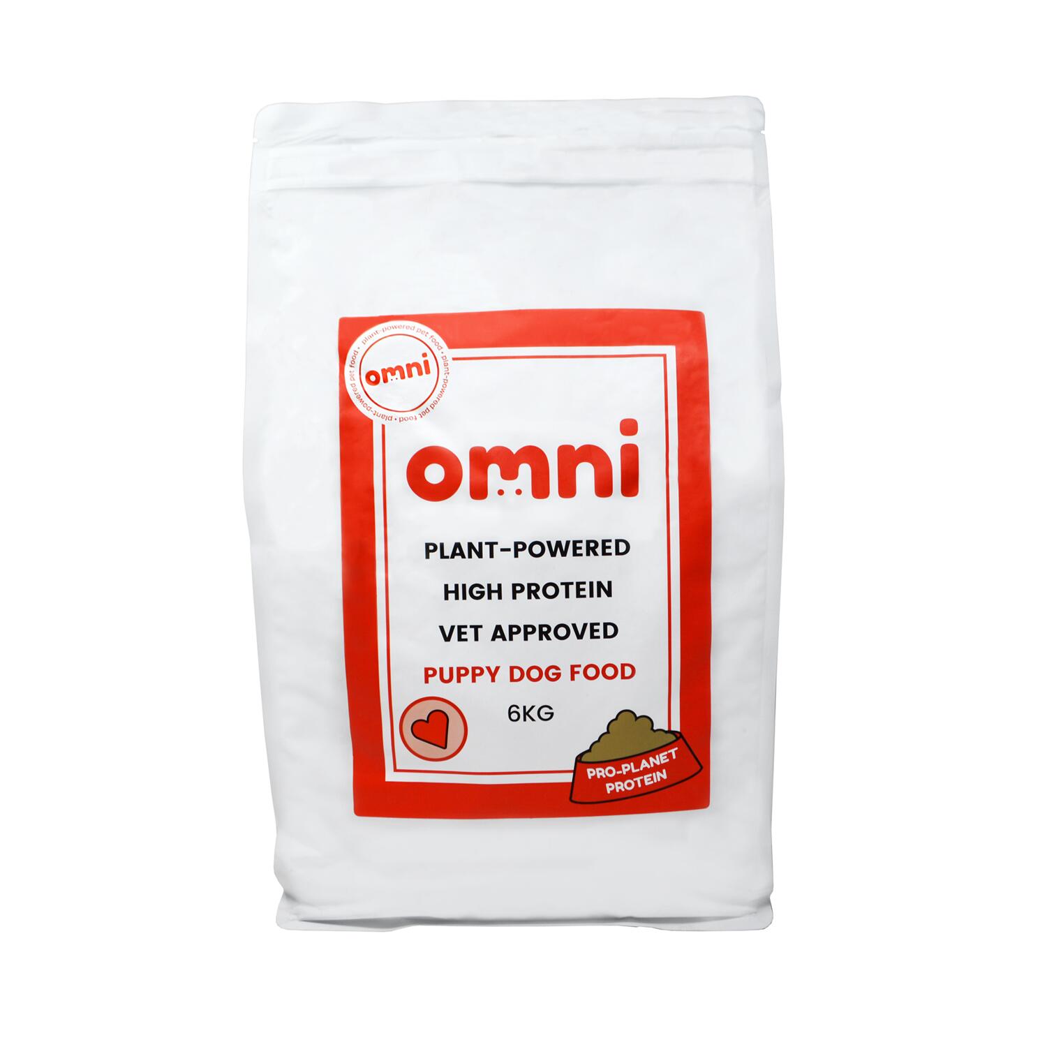 Front of a 6kg bag of Omni Complete vegan puppy food