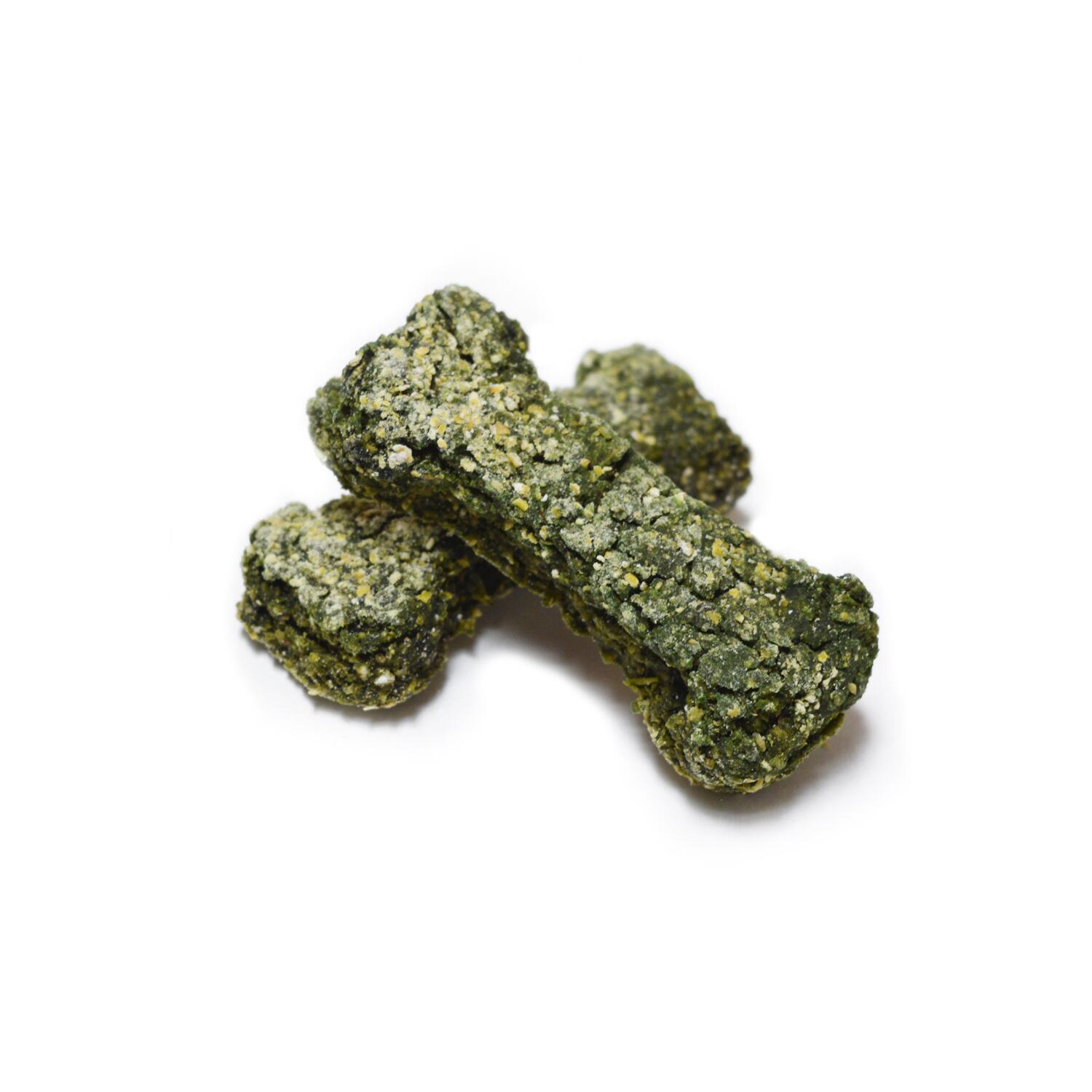 Two Booster Small Pea, Peanut Butter and Spirulina vegan bone shaped dog biscuits