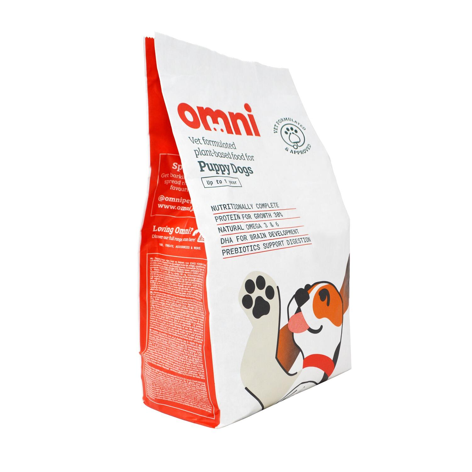 An Angled Pack of Omni Complete Plant Based Puppy Food