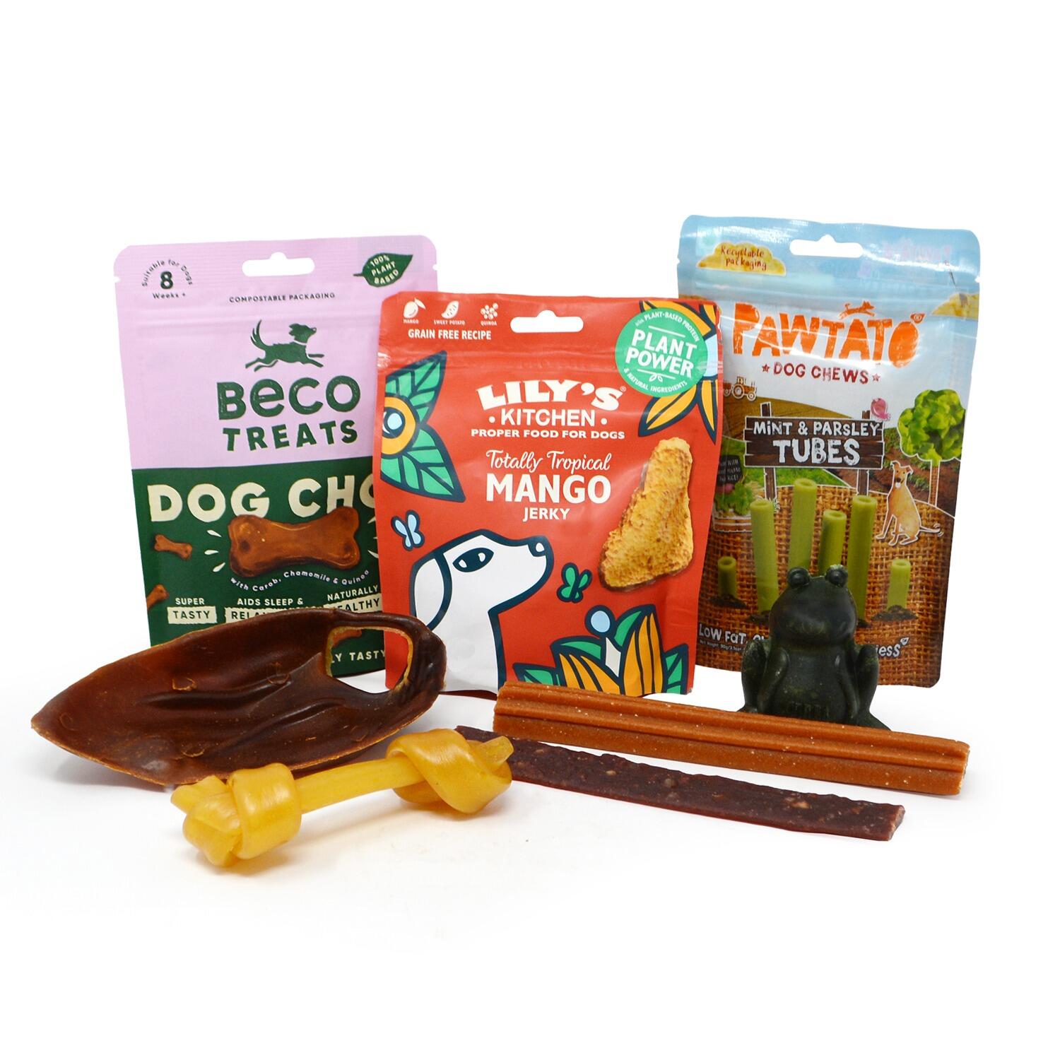 A range of plant-based dog chews and treats for xmas