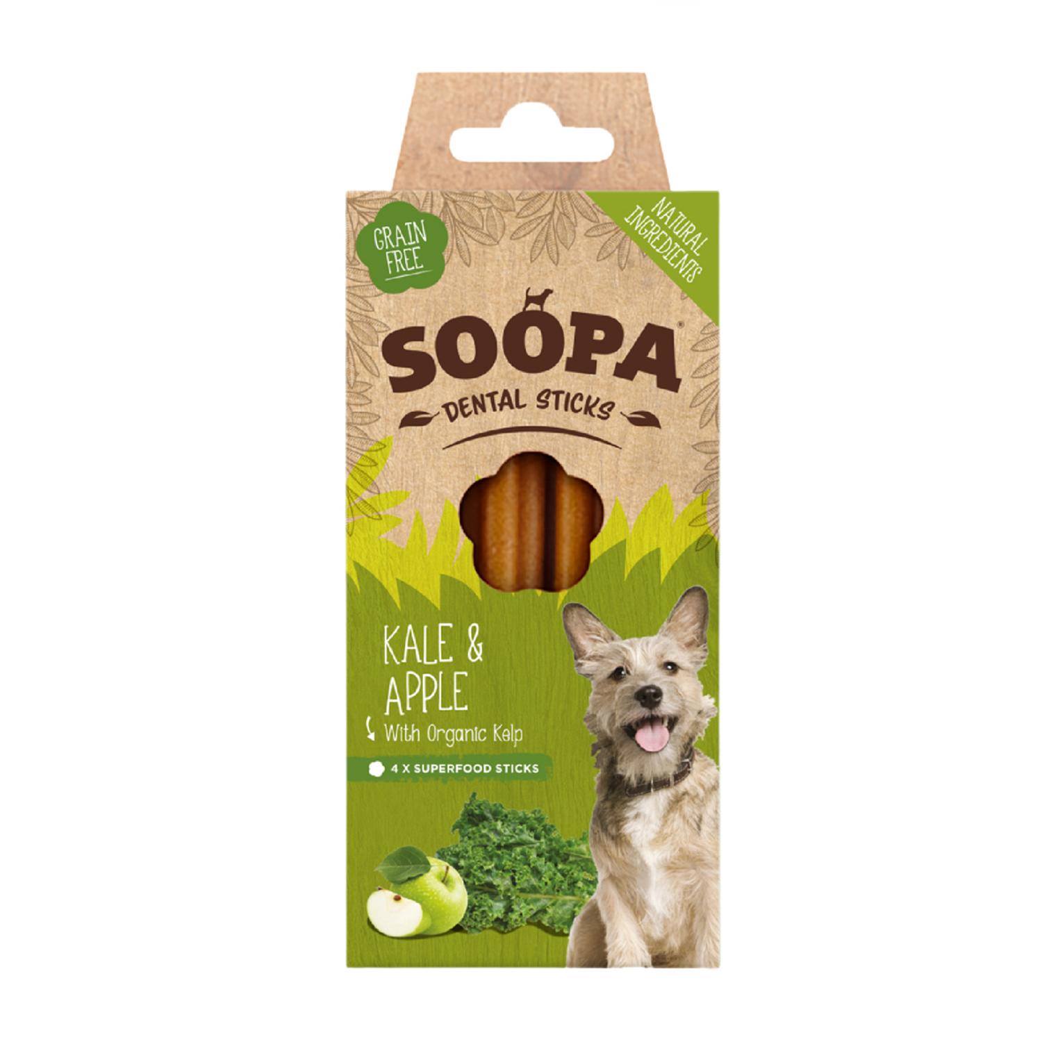 Front of a pack of Soopa Kale and Apple Dental Stick Dog Chews