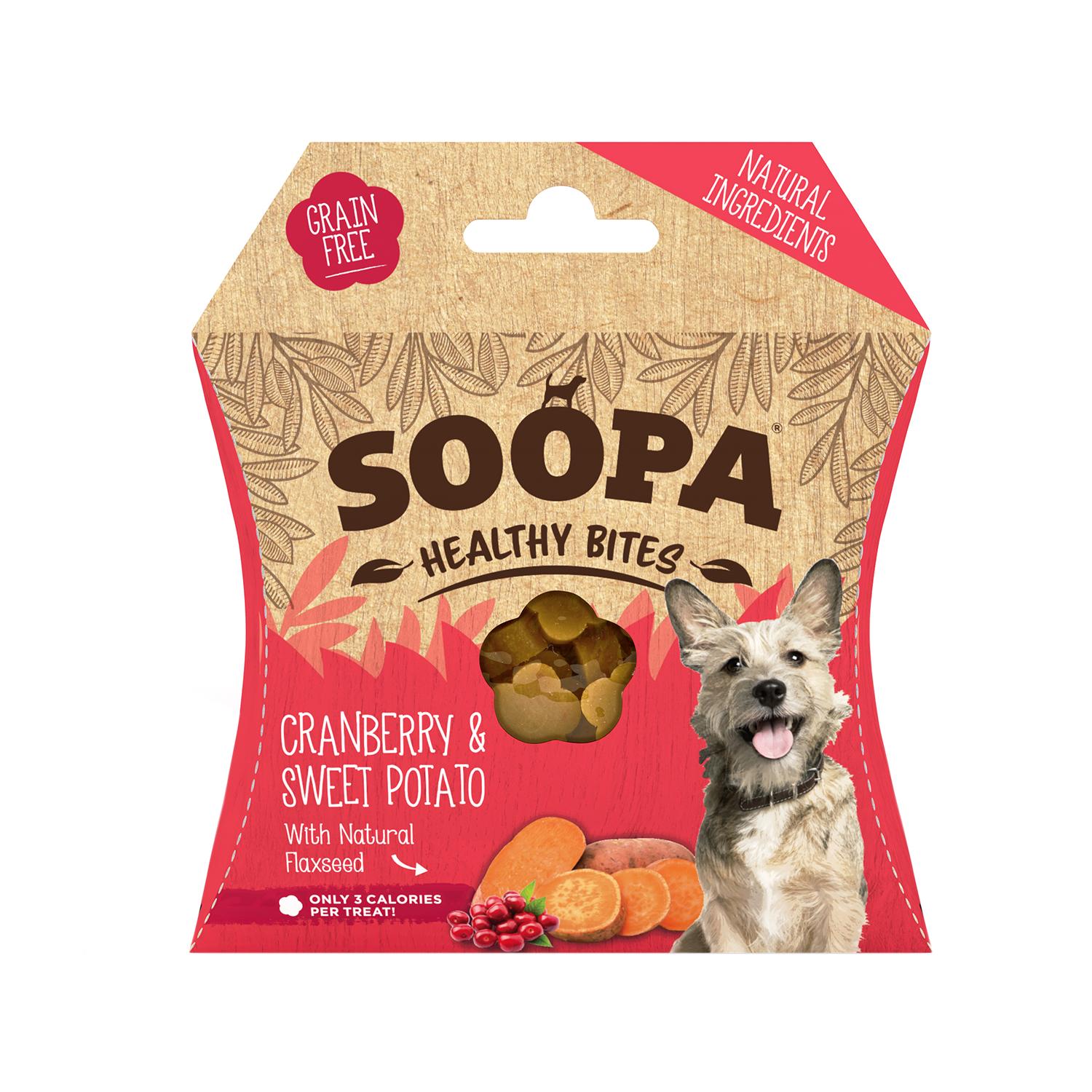 Front of a pack of Soopa Healthy Bites Cranberry and Sweet potato dog chews