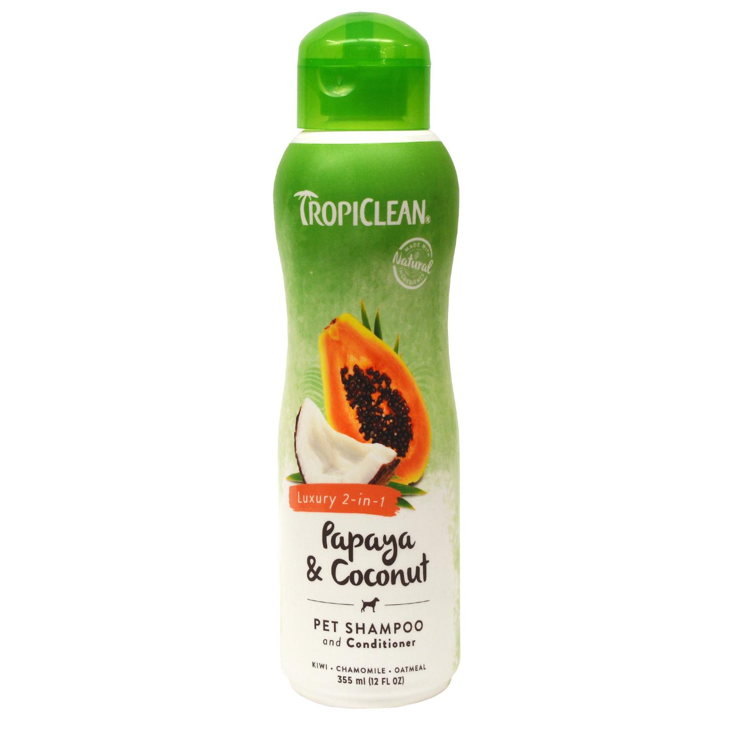 Front of a bottle of Tropiclean Luxury 2 in 1 papaya and coconut Pet Shampoo and Conditioner