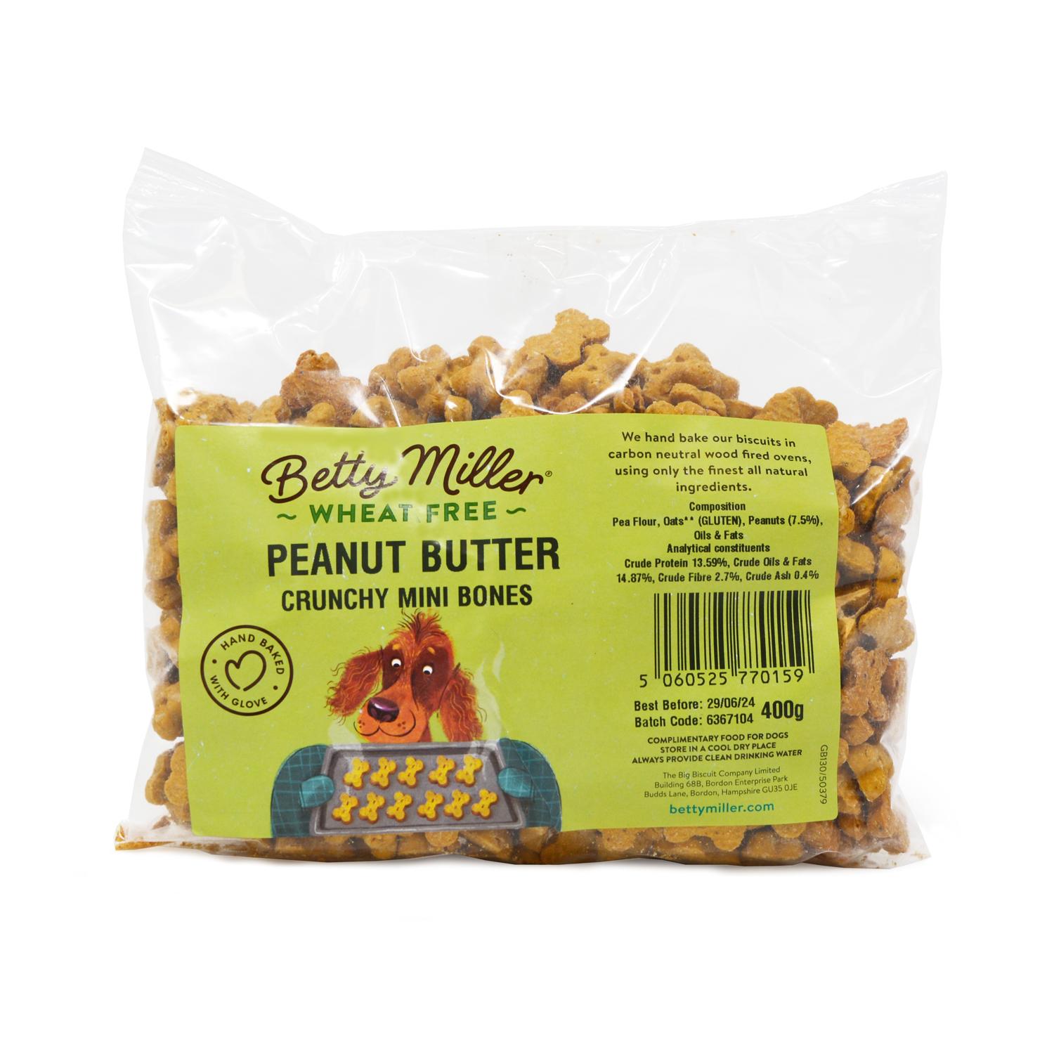 Front of a pack of Betty Miller Wheat Free Peanut Butter Mini Bone Vegan Dog Biscuits