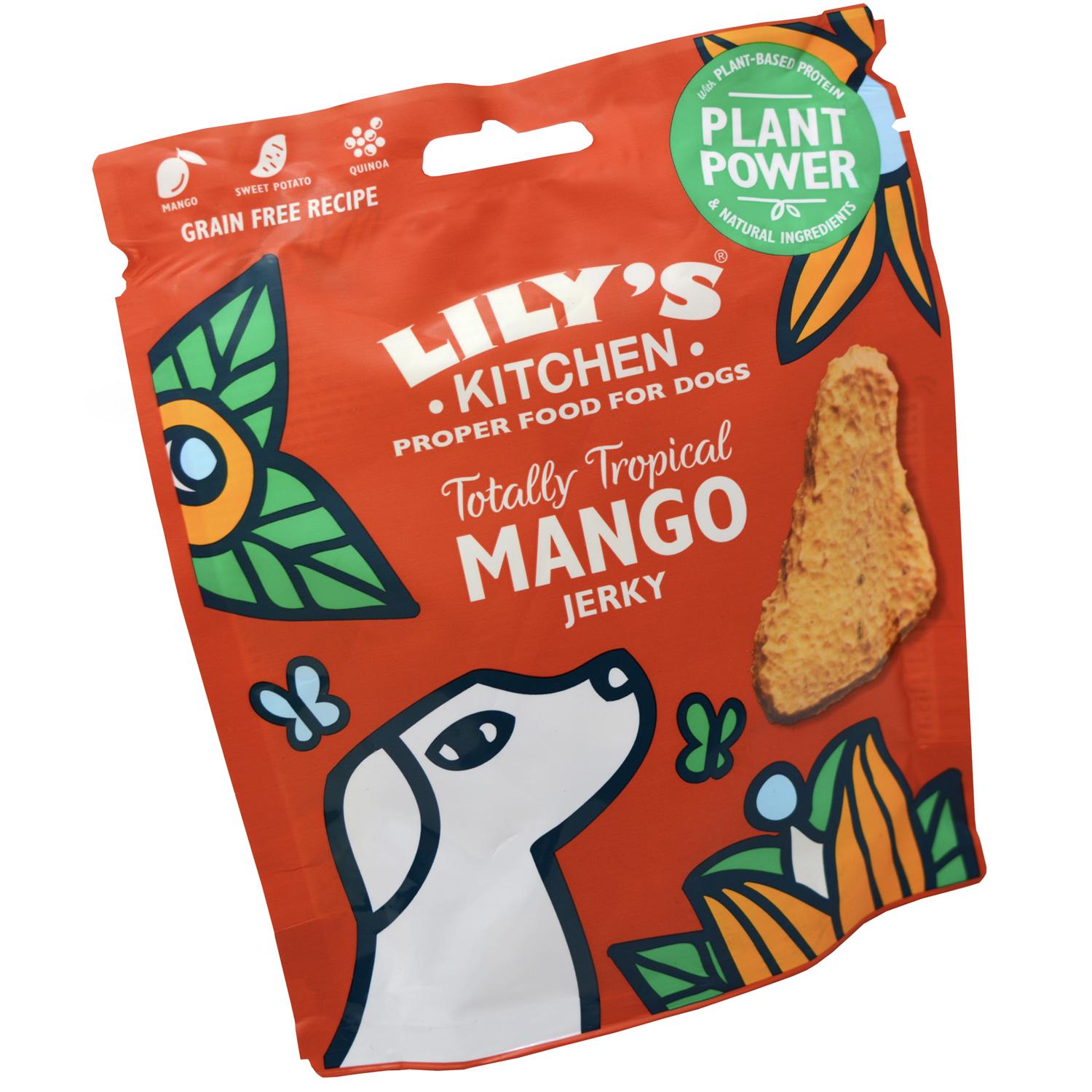 Close up of a pack of Lily's Kitchen Mango Jerky Vegan Dog Treats