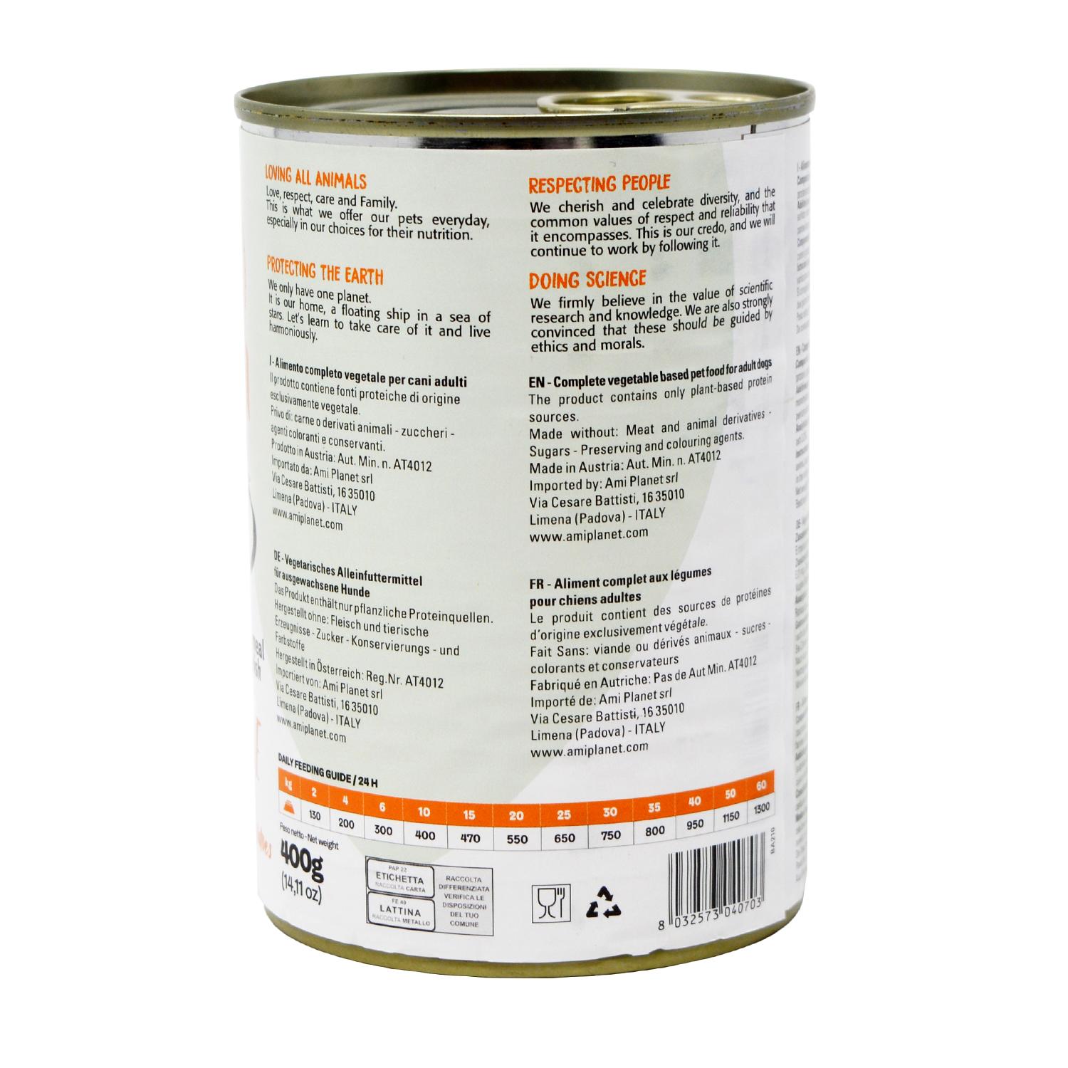 Back of a can of Ami V-Love every day wet dog food 'Orange'