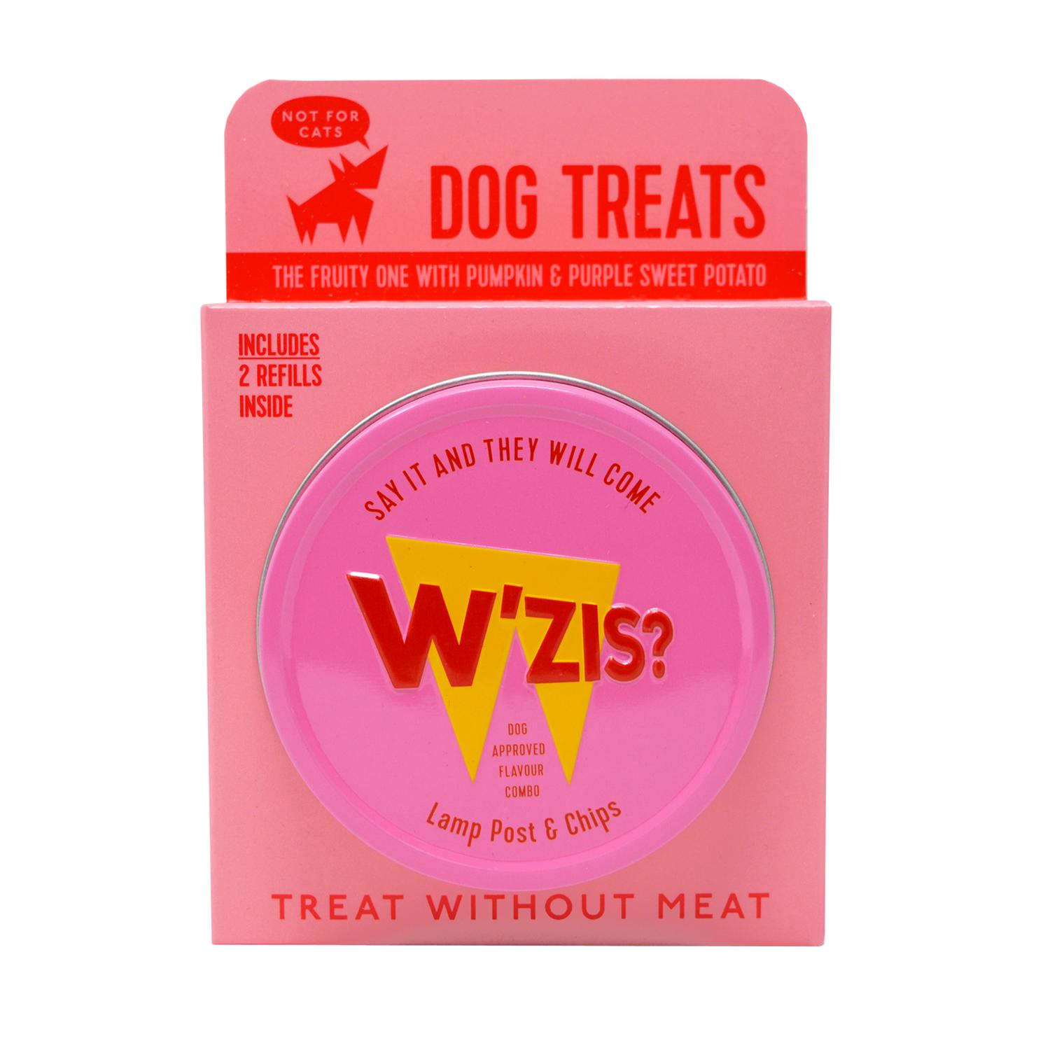Front of a pack of W'ZIS? 'Lamp Post & Chips' vegan dog treats with tin