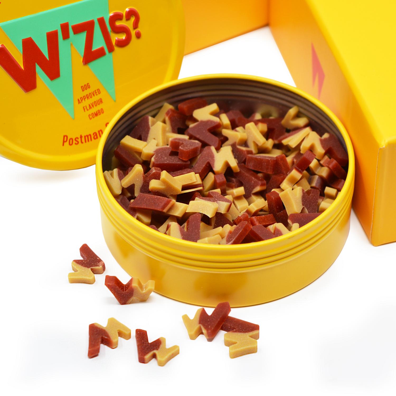 Close up of a W'ZIS? Plant Based Dog Chew Tin and the treats inside