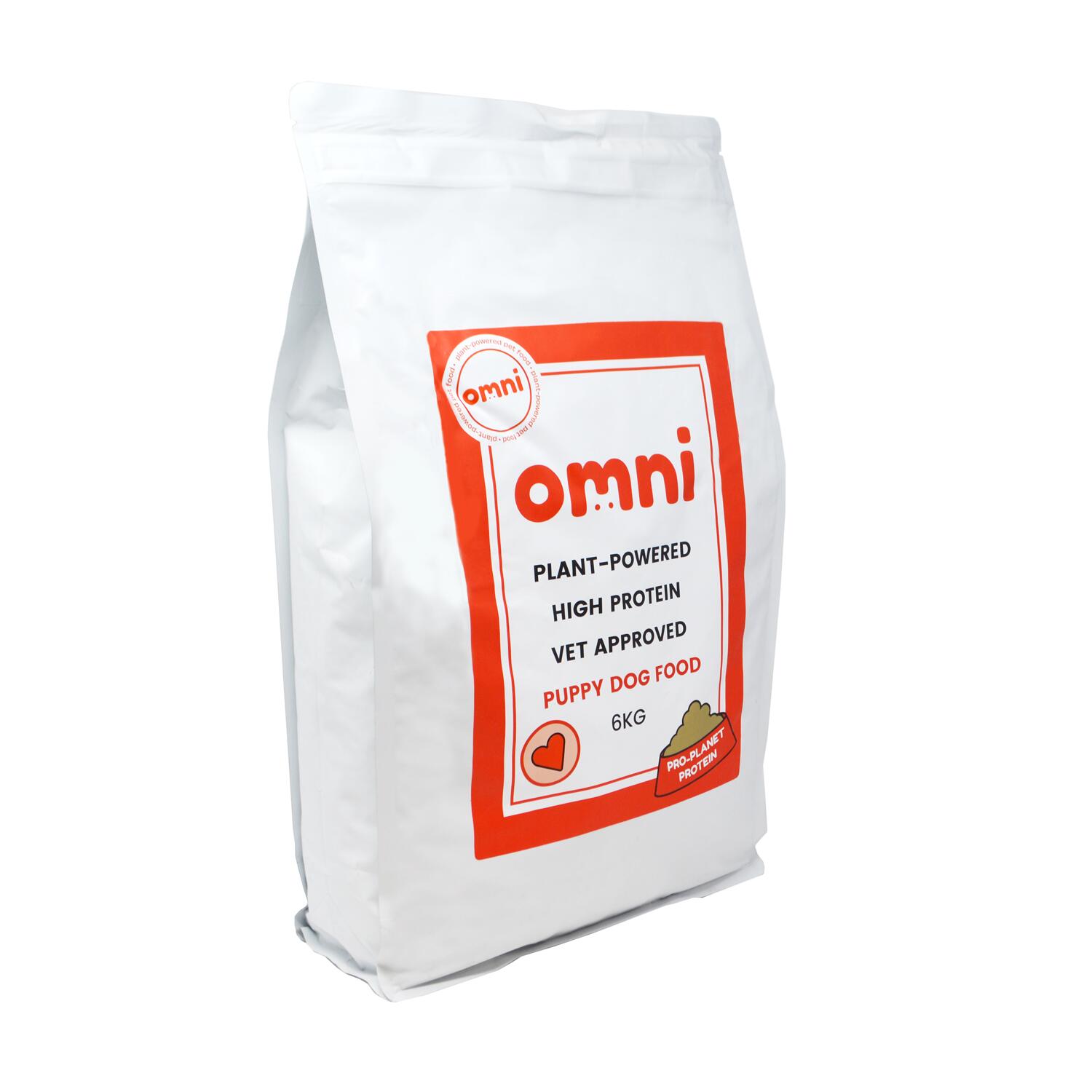 An angled view of a 6kg bag of Omni Complete hypoallergenic puppy food