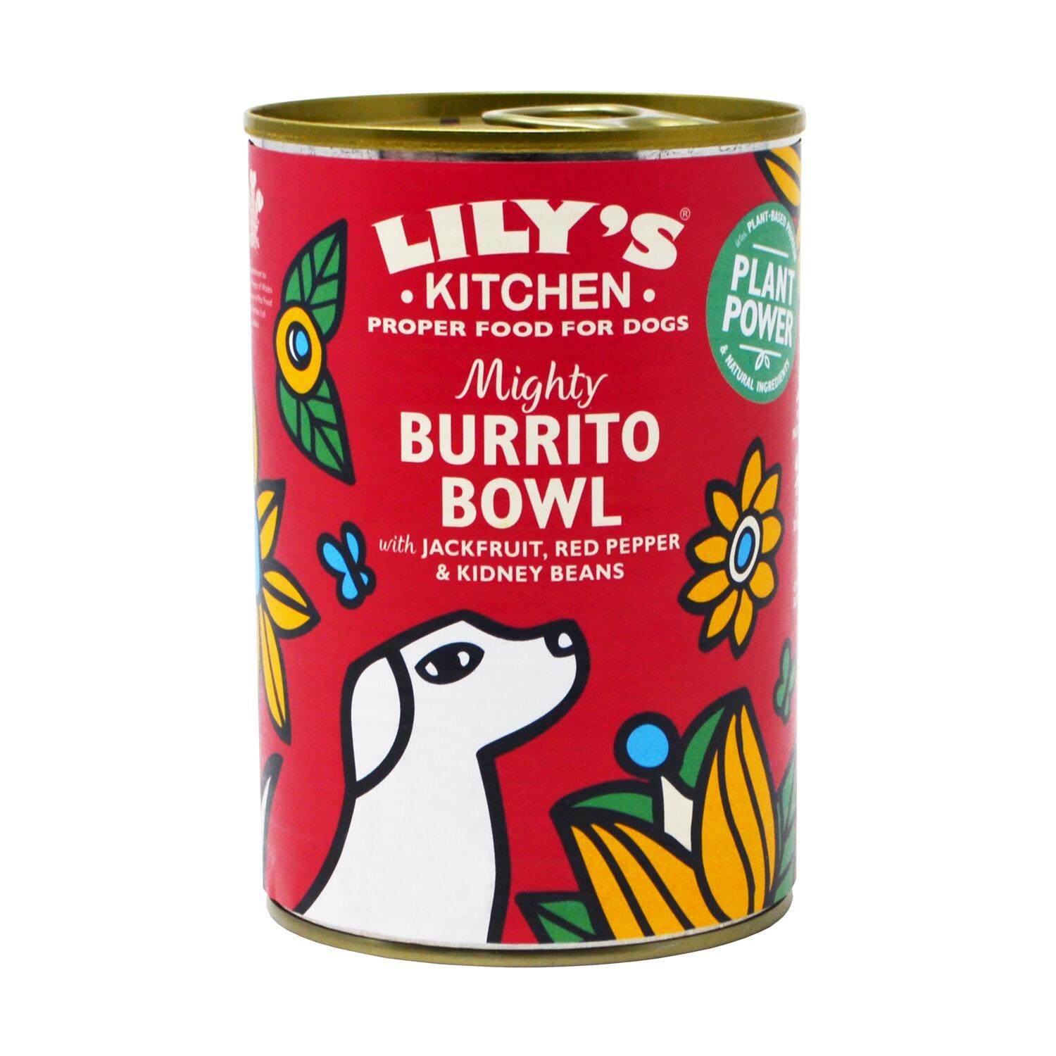 Front of a can of Lily's Kitchen Mighty Burrito Bowl Complete Vegan Dog Food