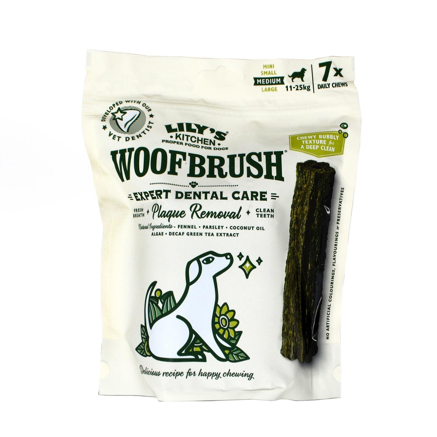 Front of a pack of Medium Sized WoofBrushes - Vegan Dental Dog Chews from Lily's Kitchen