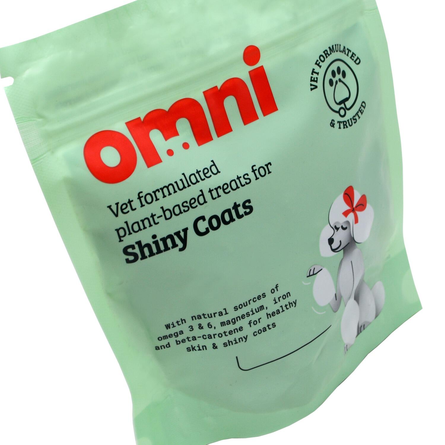 Close up of a pack of Shiny Coats Wheat Free Vegan Dog treats from Omni