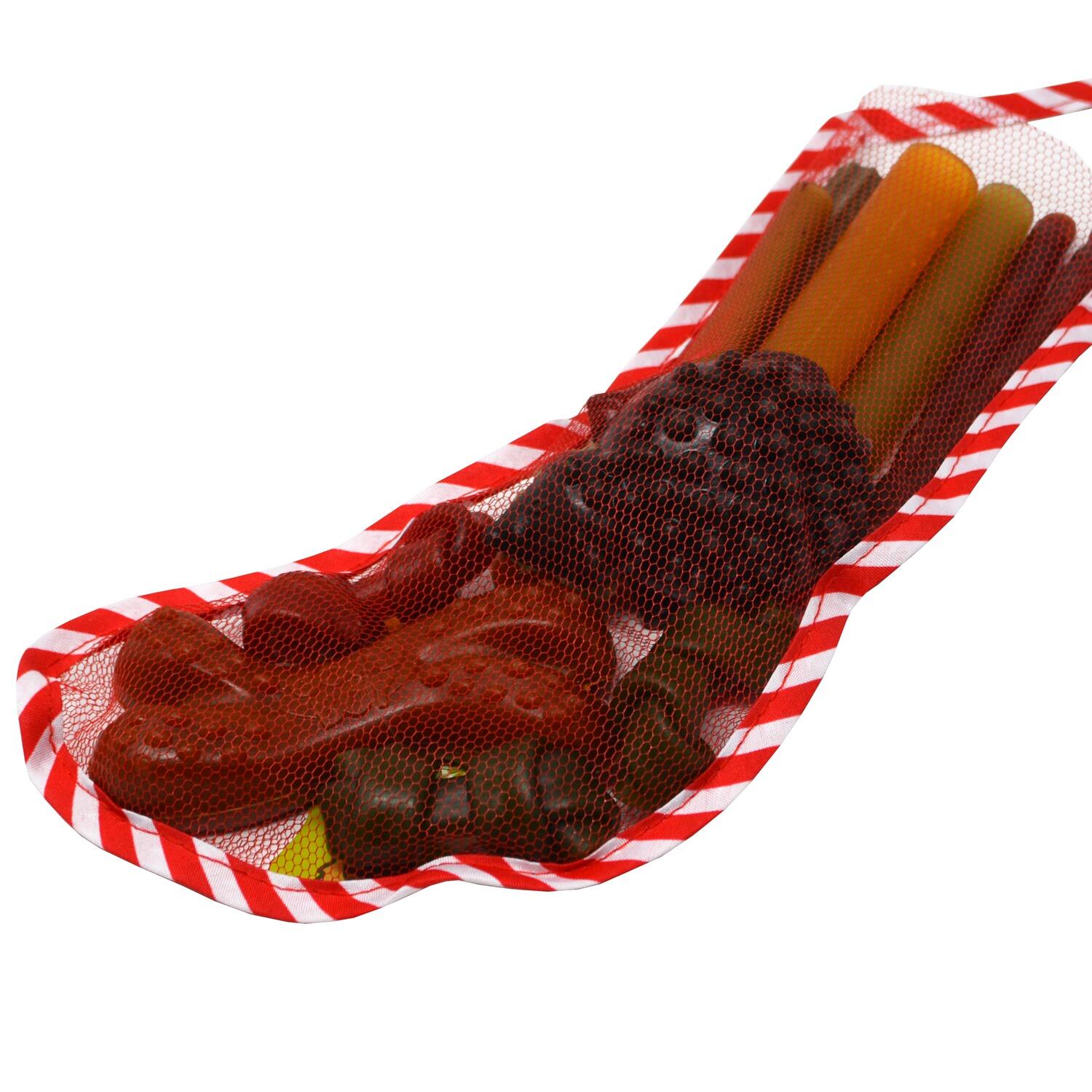 Close up of an Xmas Vegan Dog Stocking filled with plant based chews