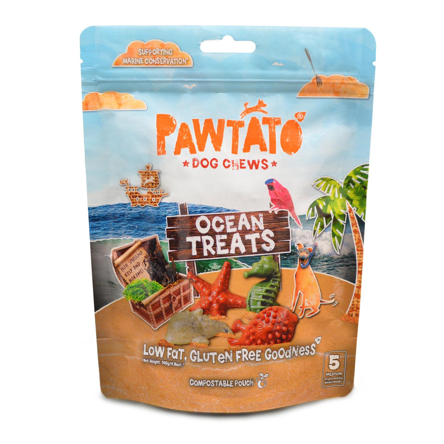 Front of a pack of medium Pawtato Ocean Treats vegan dog chews