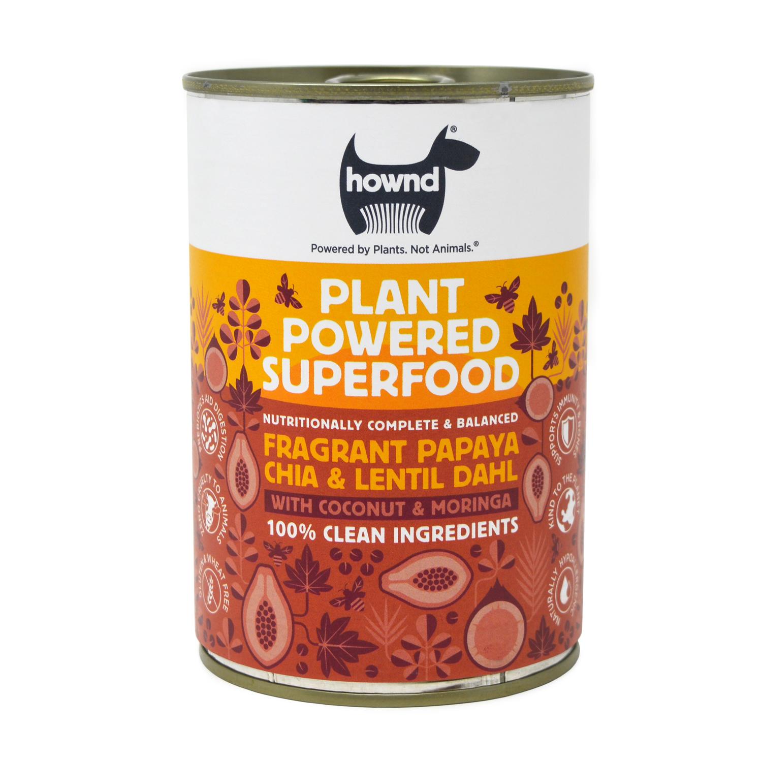 Front of a can of Hownd Papaya Lentil & Chia Dahl vegan dog food
