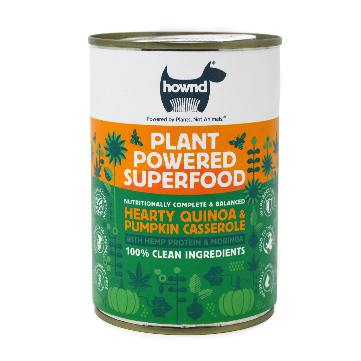 Front of a can of Hownd Quinoa & Pumpkin Casserole vegan dog food