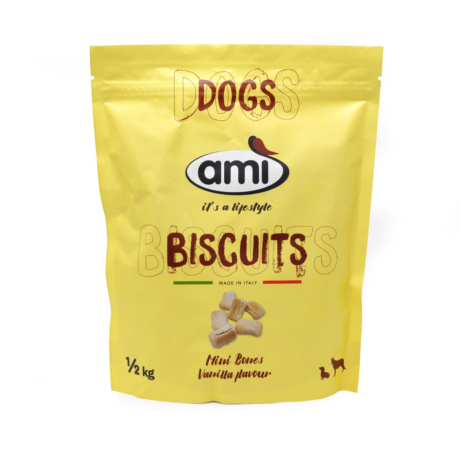 Front of a pack of Ami Vanilla Vegan Dog Biscuits