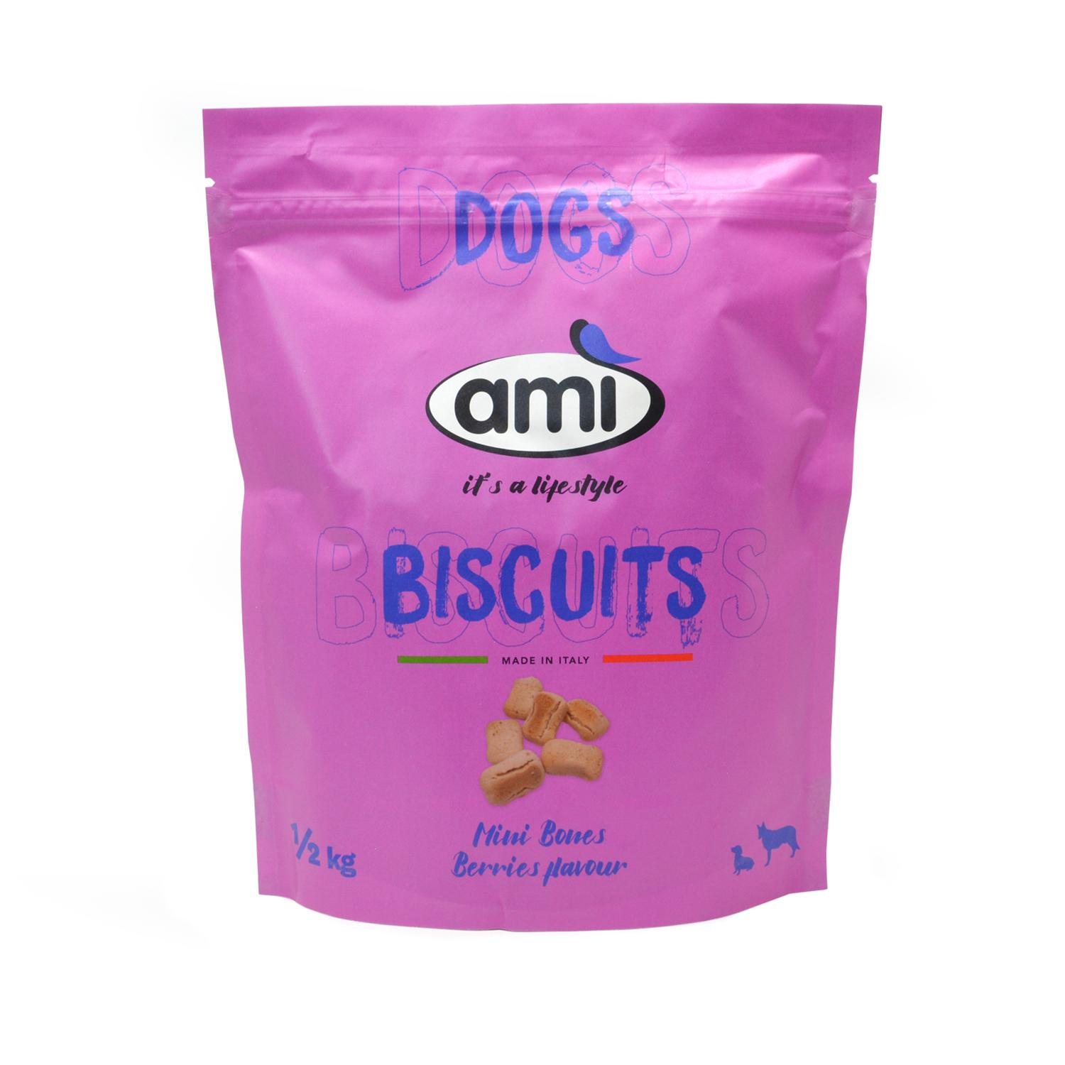 Front of a pack of Ami Berry Vegan Mini Bone Biscuits