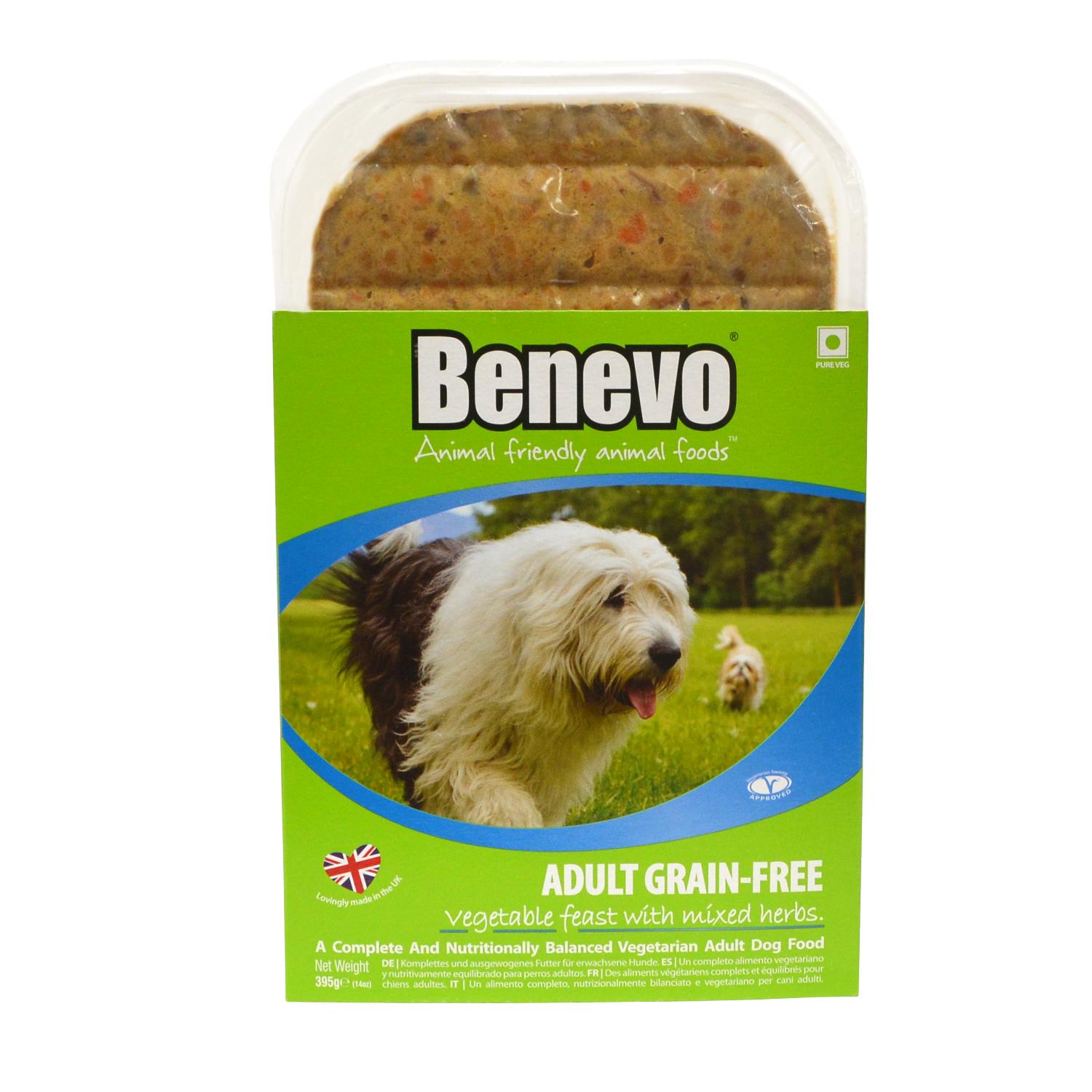 Front of a pack of Benevo Grain Free Vegan Dog Food