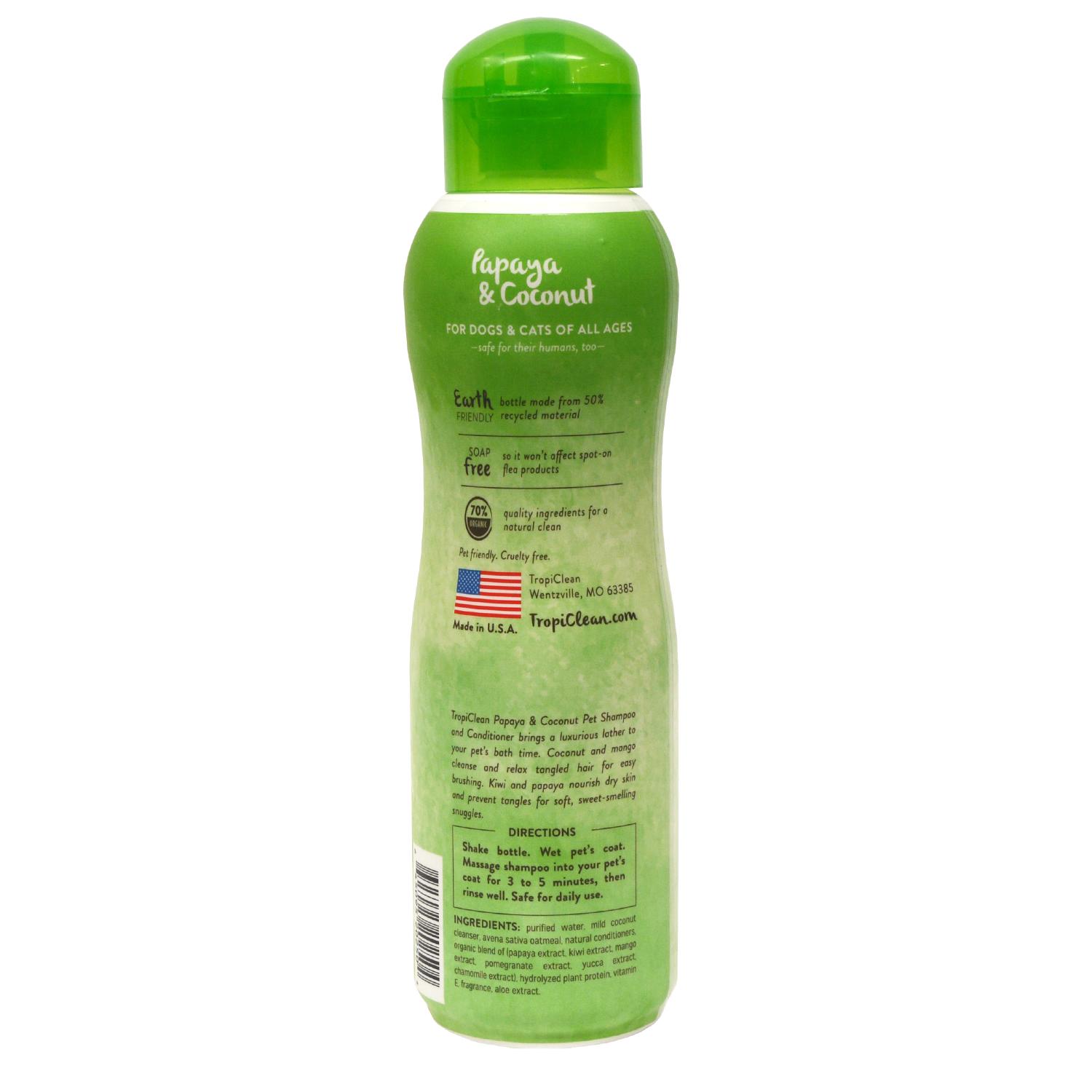 Back of a bottle of Tropiclean Luxury 2 in 1 papaya and coconut Pet Shampoo and Conditioner