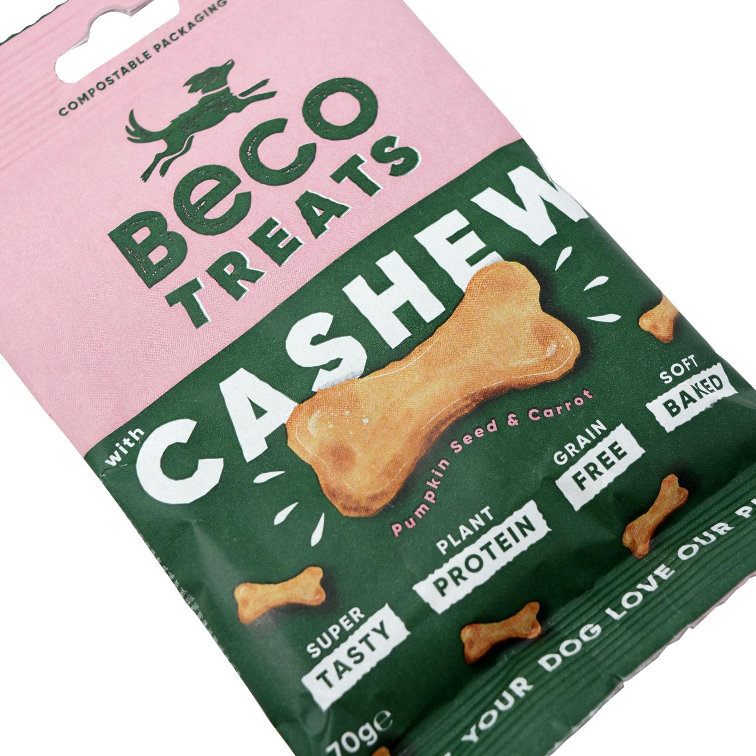 Close up of a pack of Beco Cashew Flavoured Vegan Dog Biscuits