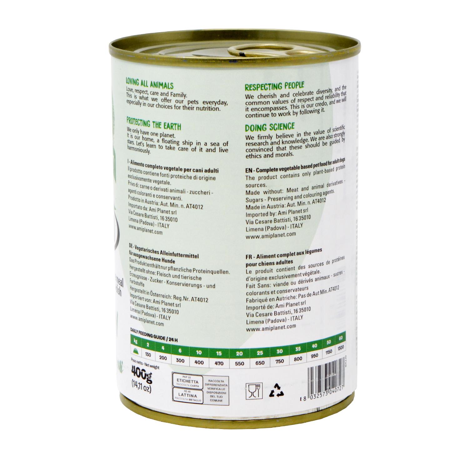 Back of a can of Ami V-Love Every Day Wet Dog Food 'Green'