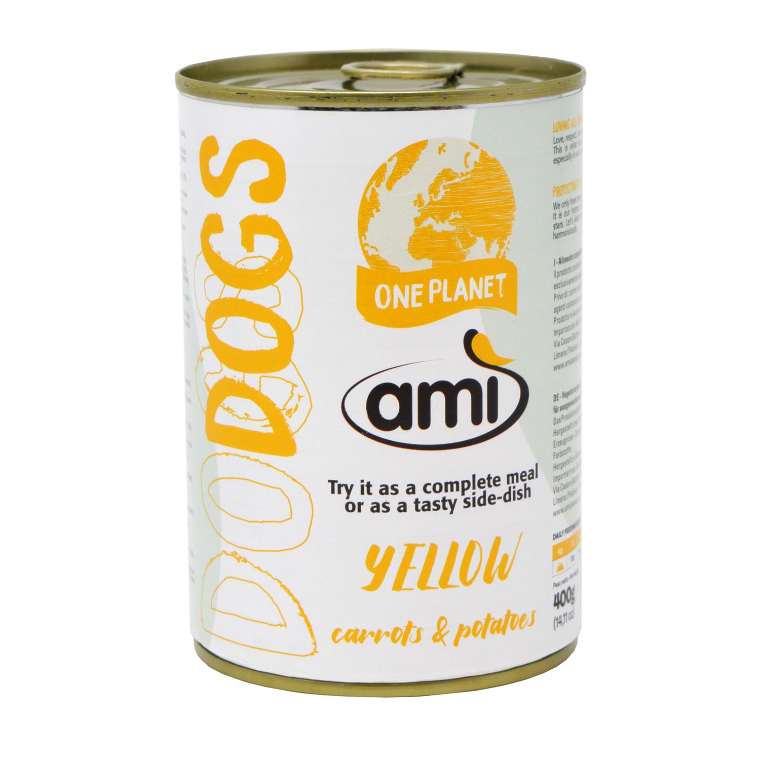 Front of a can of Ami V-Love Every day Wet Dog Food 'Yellow'