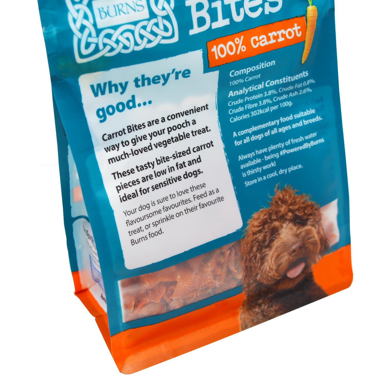 Close up of the back of a pack of Burns Carrot Bites Vegan Dog Treats