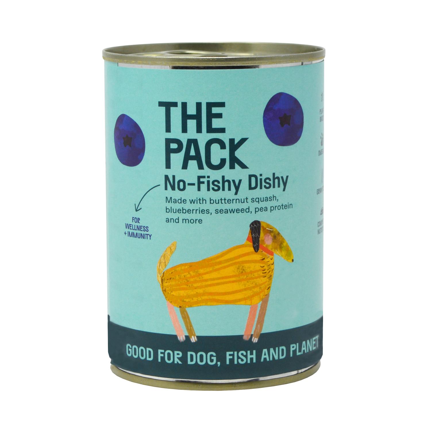 Front of a can of The Pack No-Fishy Dishy Vegan Dog Food
