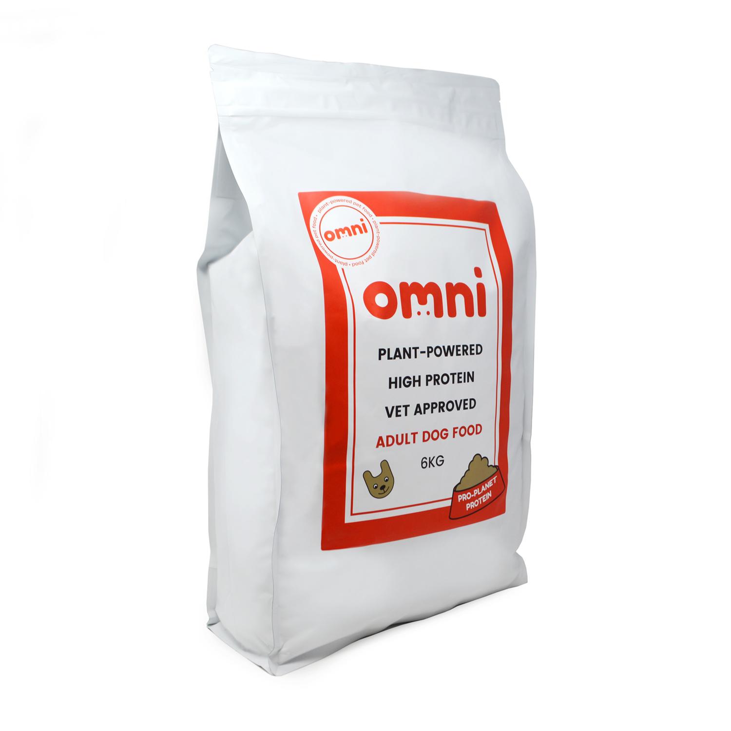 And angled 6kg bag of Omni Complete Plant Based Dog Food