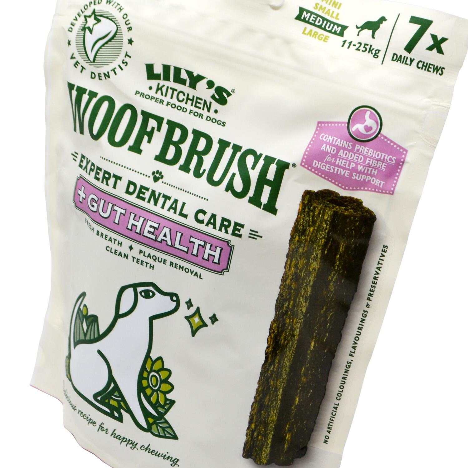 Close up of a pack of Medium Gut Health Woofbrush Grain Free Dog Chews from Lily's Kitchen