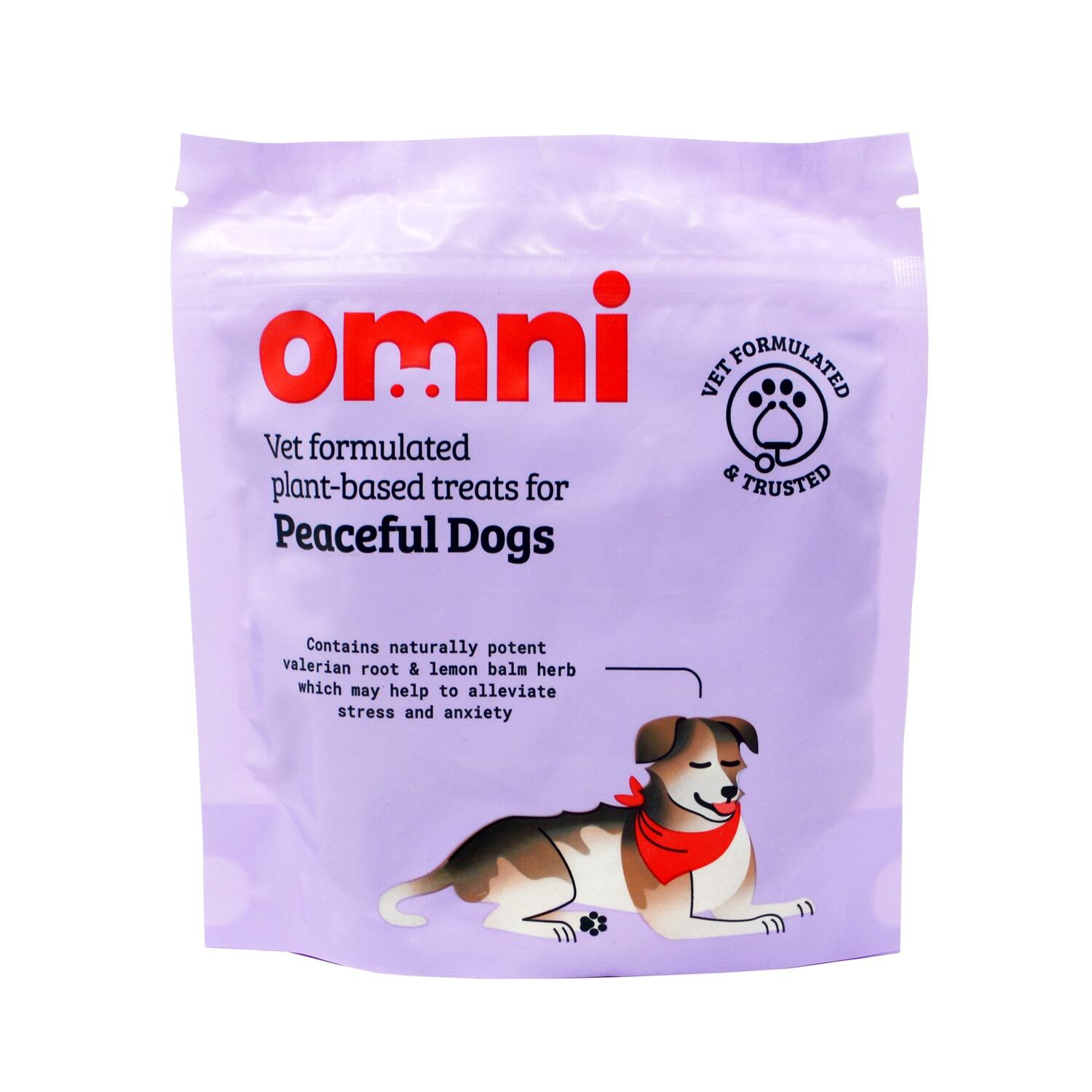 Front of a pack of Calming Vegan Dog Treats from Omni