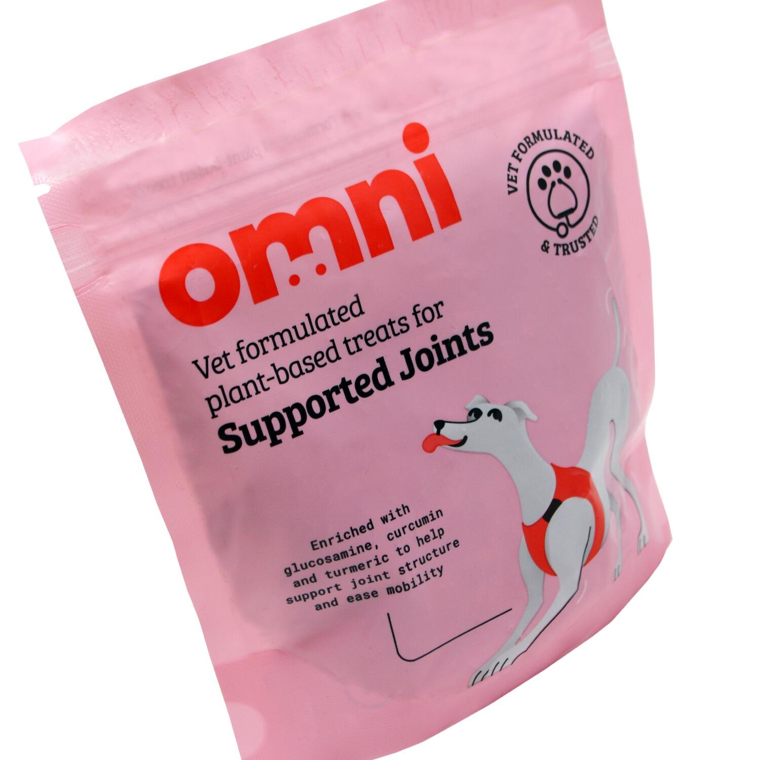 Close up of a pack of Joint Care wheat free, meat free Dog Treats from Omni