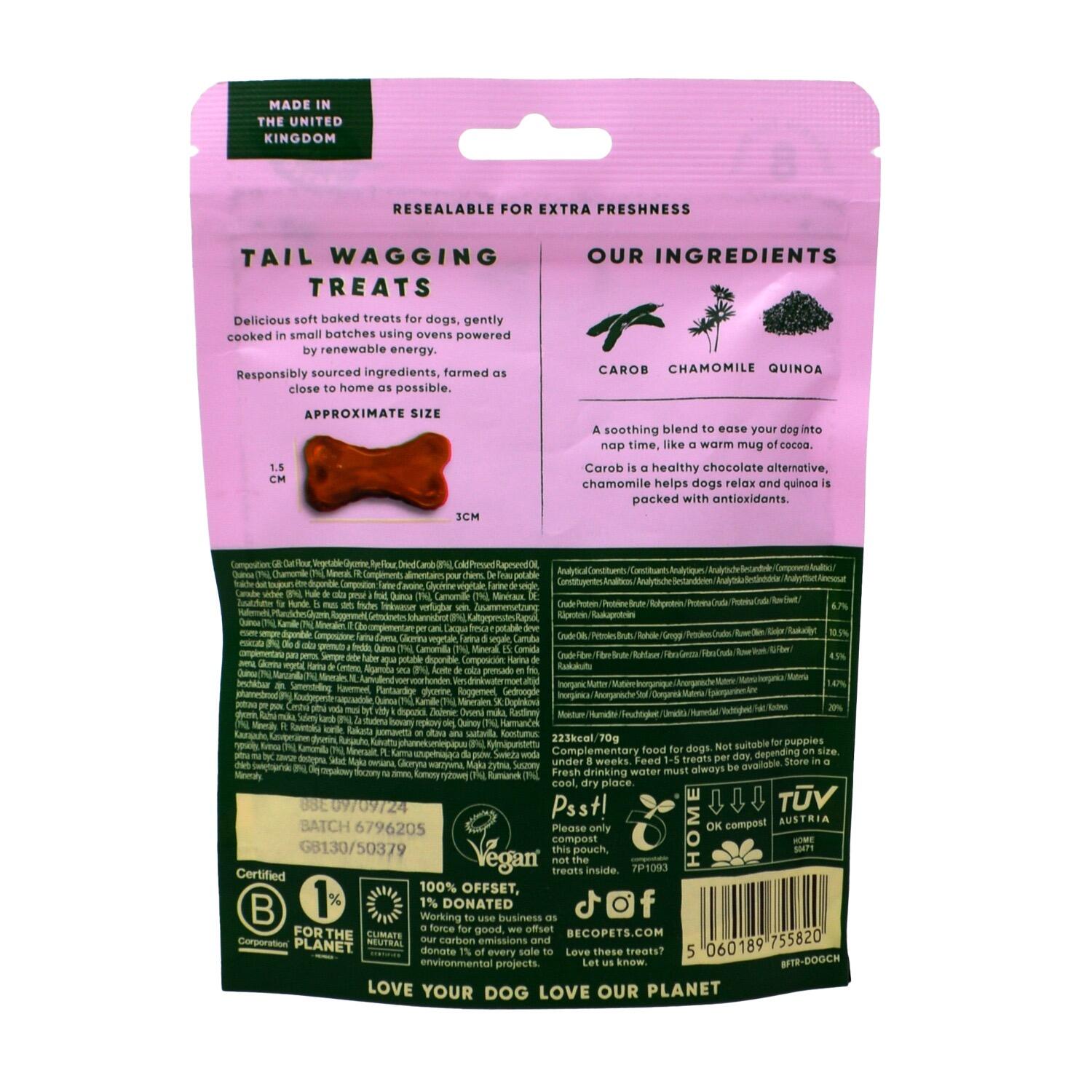 Back of a pack of Beco Dog-choc flavoured vegan dog biscuits