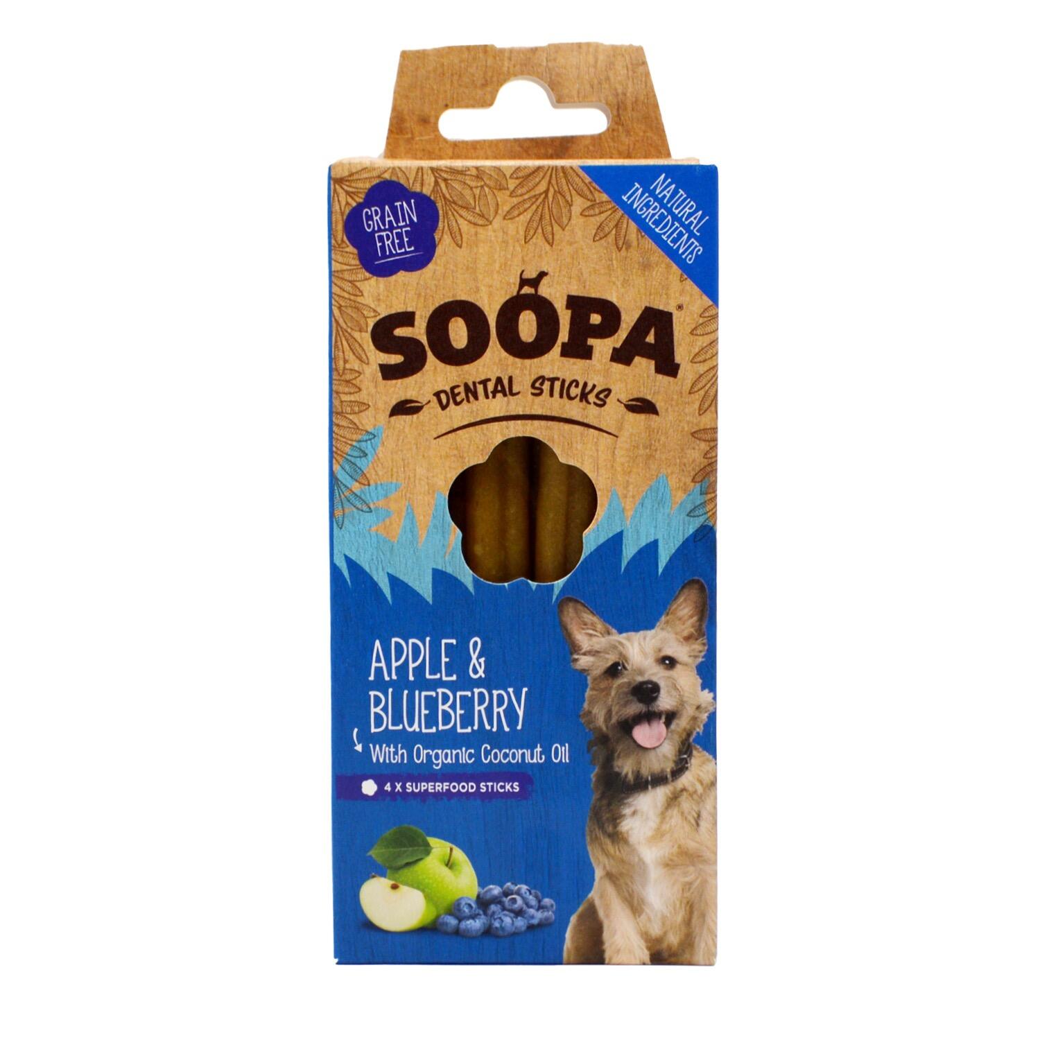 Front of a pack of Soopa Apple and Blueberry Grain Free Vegan Dog Chews