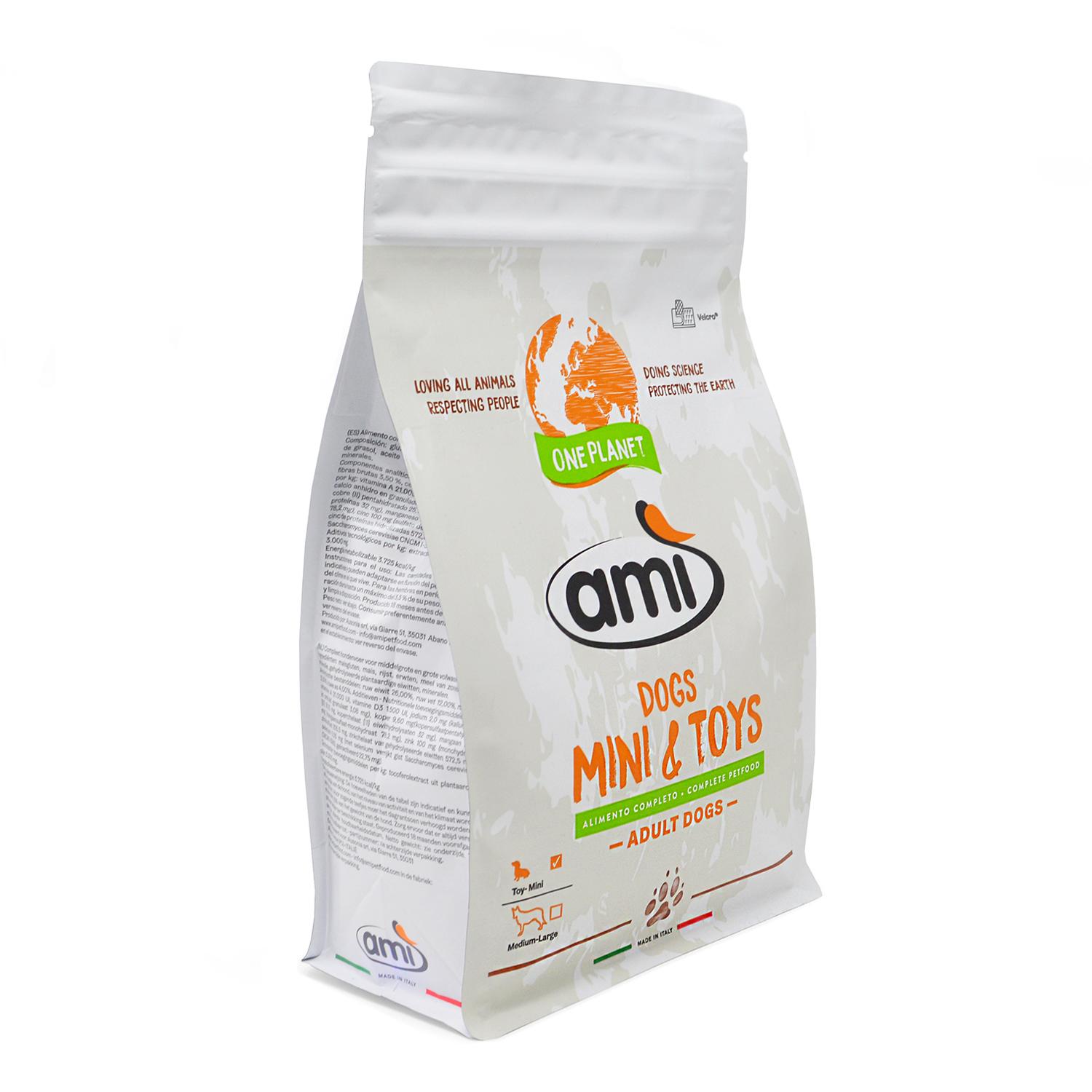 An angled bag of Ami Mini & Toys Vegan Dog Food