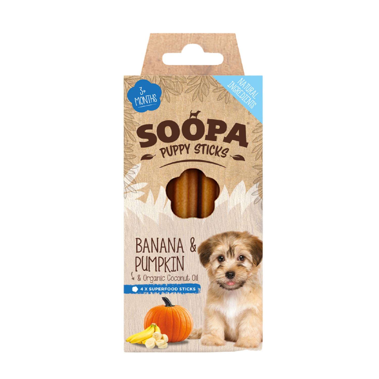 Front of a pack of Soopa Banana and Pumpkin Puppy Dental Sticks