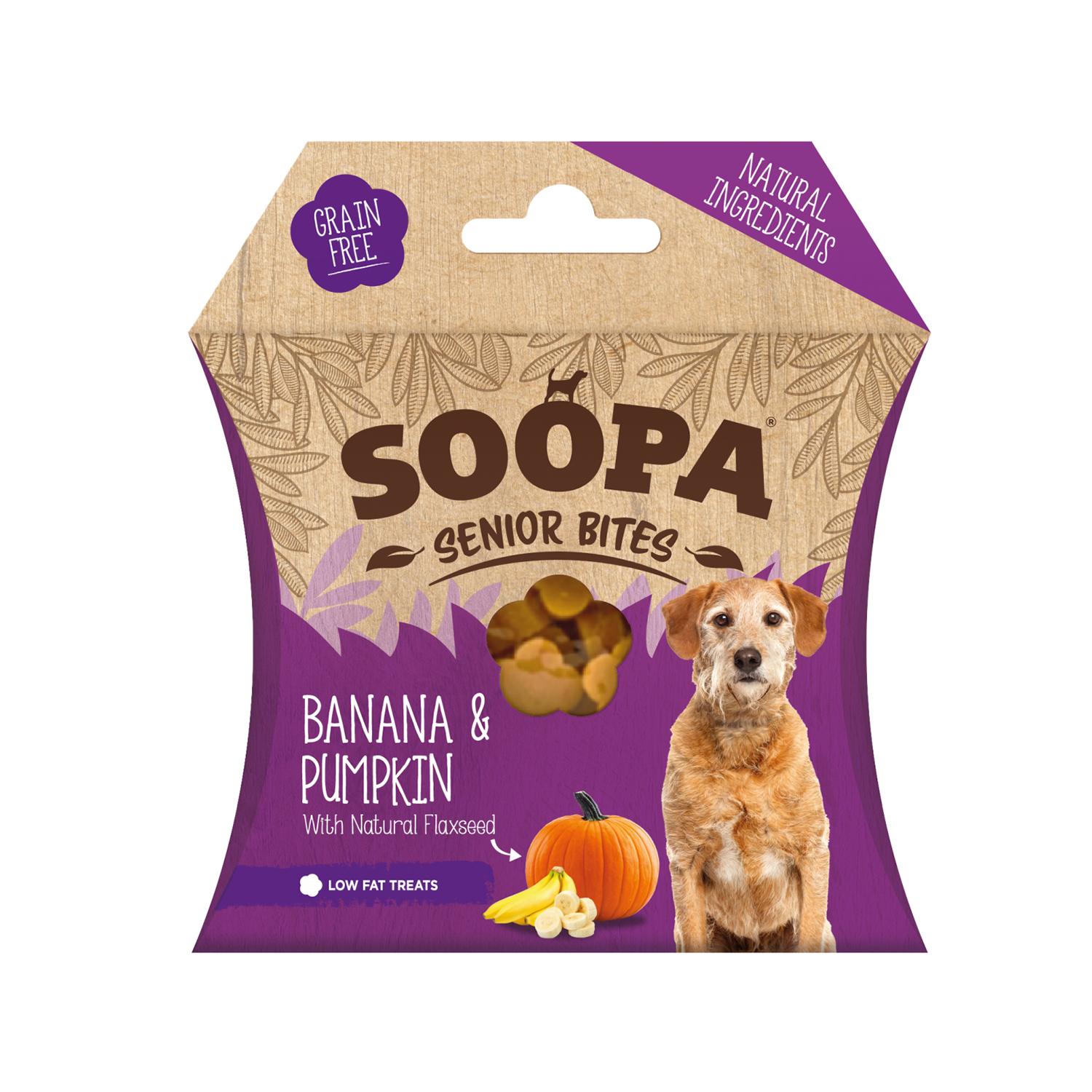 Front of a pack of Soopa Senior Pumpkin, Banana and Flaxseed Healthy Bite Dog Chews