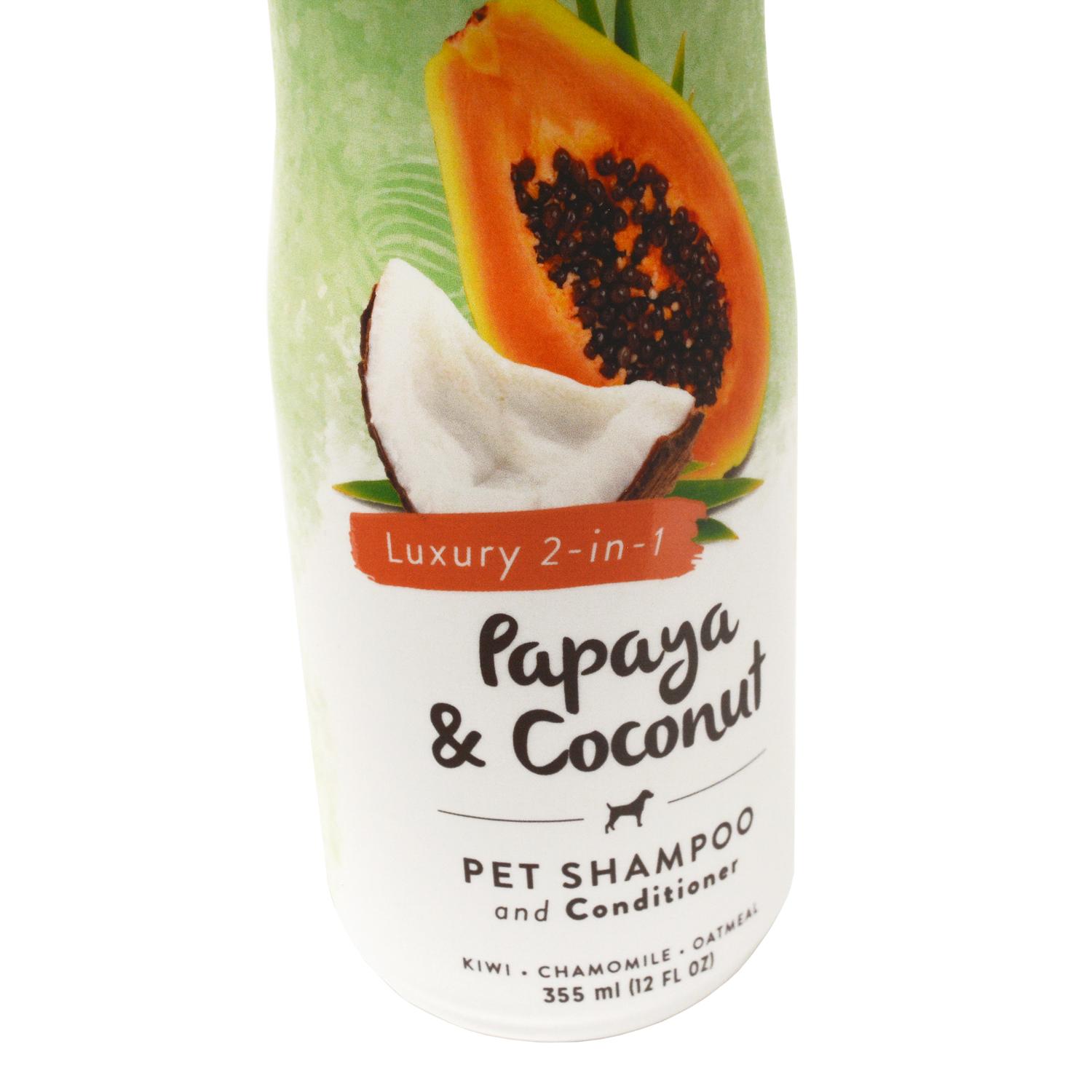 Close up of a bottle of Tropiclean Luxury 2 in 1 papaya and coconut Pet Shampoo and Conditioner