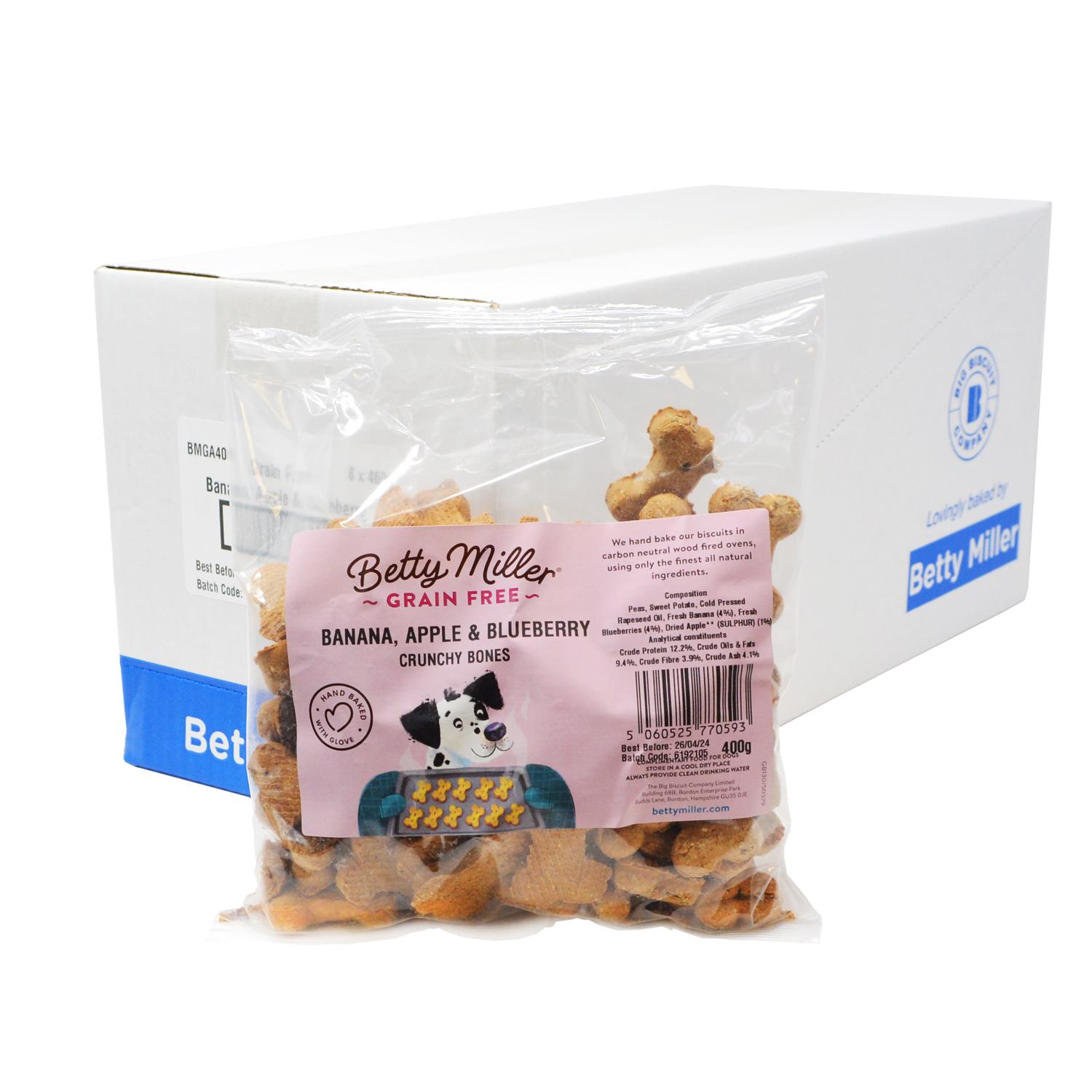 A bulk box of Betty Miller Banana Apple and Blueberry Grain Free Vegan Dog biscuits