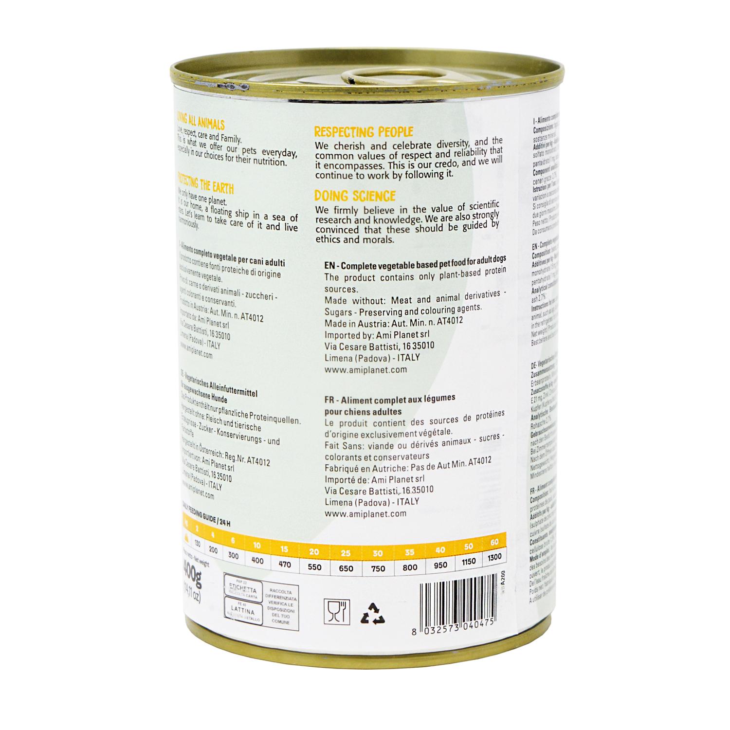 Back of a can of Ami V-Love Every day Wet Dog Food 'Yellow'